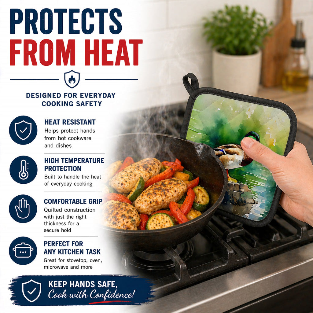 Mallard Duck Standing Pond Edge Pot Holder Set of 2 Heat Resistant Quilted Hot Pads 7.5 x 7.5 Inch, Insulated Kitchen Trivets for Cooking & Baking