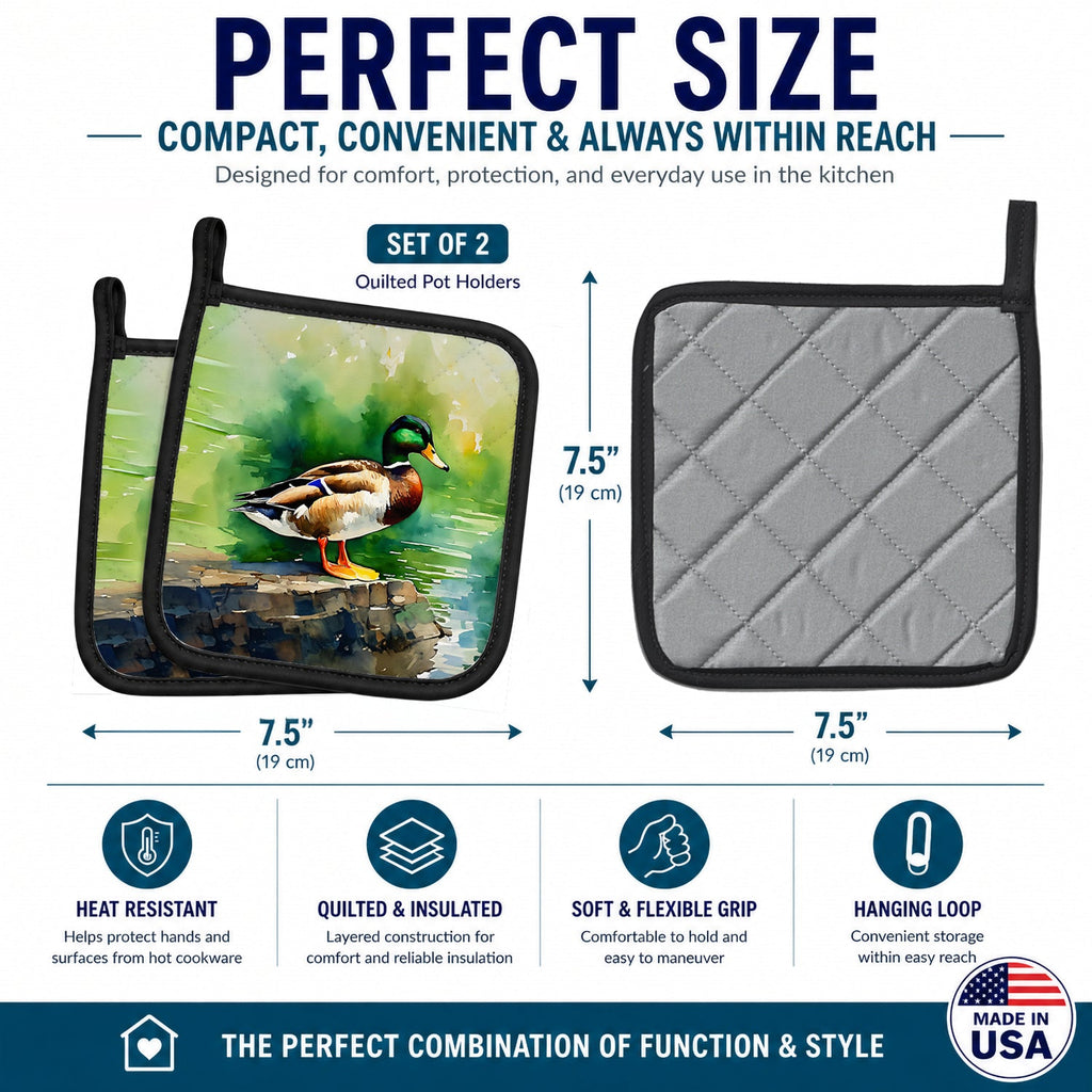 Mallard Duck Standing Pond Edge Pot Holder Set of 2 Heat Resistant Quilted Hot Pads 7.5 x 7.5 Inch, Insulated Kitchen Trivets for Cooking & Baking