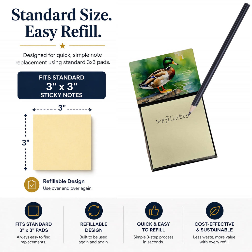 Mallard Duck Standing Pond Edge Watercolor Sticky Note Holder Refillable Dispenser Desk Accessory 3x3 Pad Gift