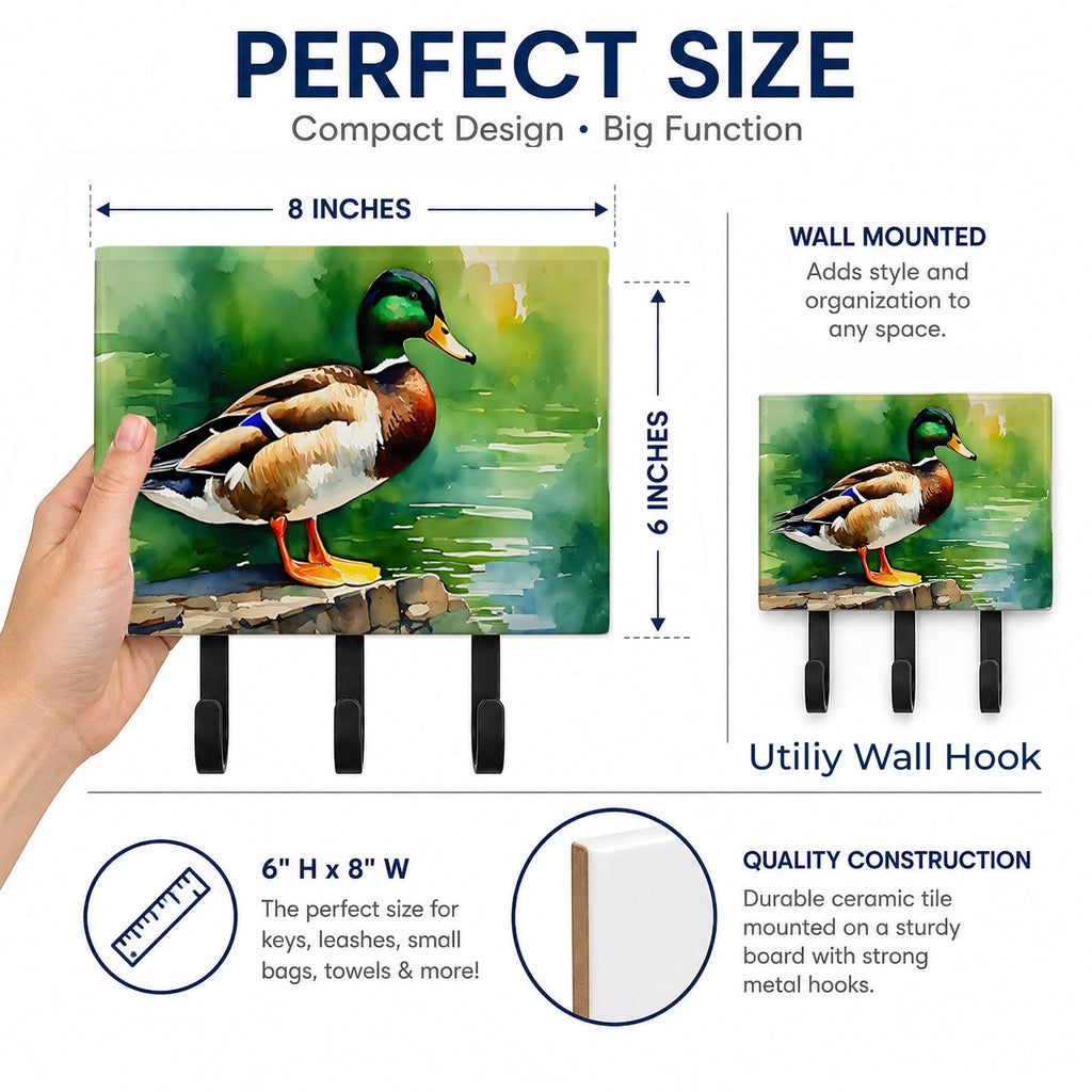 Mallard Duck Standing Pond Edge Leash or Key Holder Wall Hooks, Coat Rack Wall Mount, for Hanging Keys, Towels, Aprons, Leashes