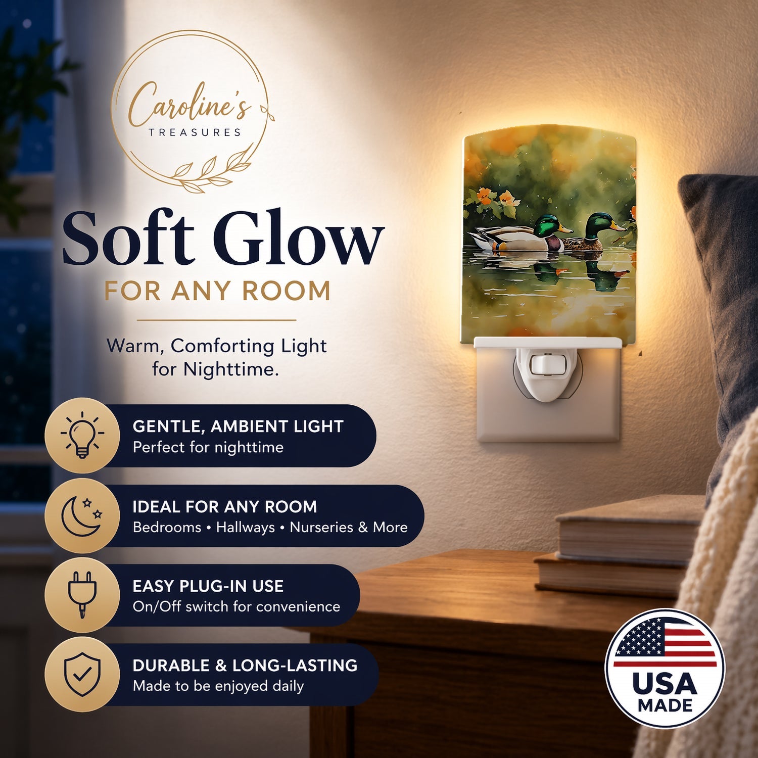 Mallard Ducks Swimming Pond Ceramic Night Light Compact, UL-Certified, Ideal for Bedroom, Bathroom, Nursery, Hallway, Kitchen, 6x4x3, Multicolor