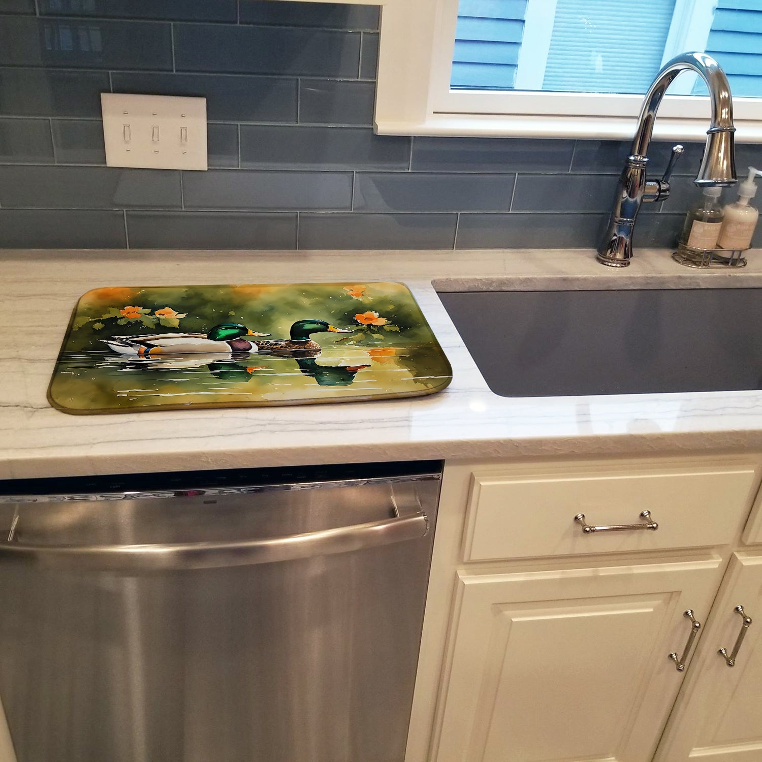 Mallard Ducks Swimming Pond Dish Drying Mat Absorbent Dish Drying Mat Pad for Kitchen Counter Dish Drainer Mat for Countertop, 14 x 21", Multicolor