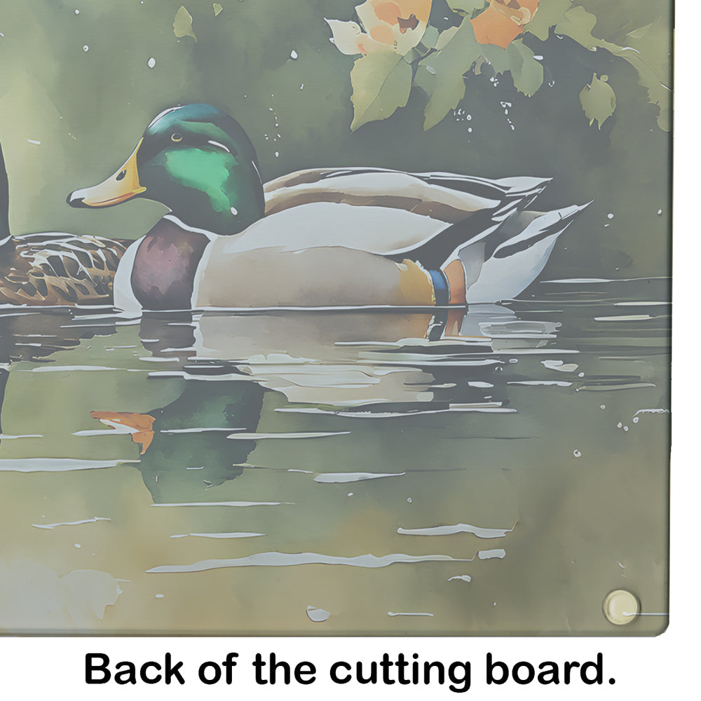 Mallard Ducks Swimming Pond Cutting Board Tempered Glass Kitchen Cutting Surface, Heat Resistant Chopping, Non-Slip Feet, Food Prep & Serving