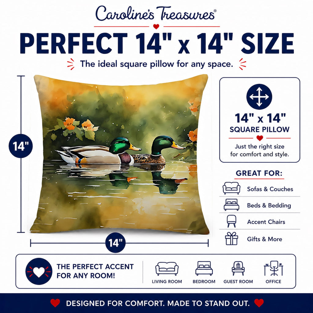 Mallard Ducks Swimming Pond Decorative Throw Pillow 14x14 Indoor Outdoor Accent Cushion, Fabric Cover with Insert for Sofa, Bed, Porch & Living Room