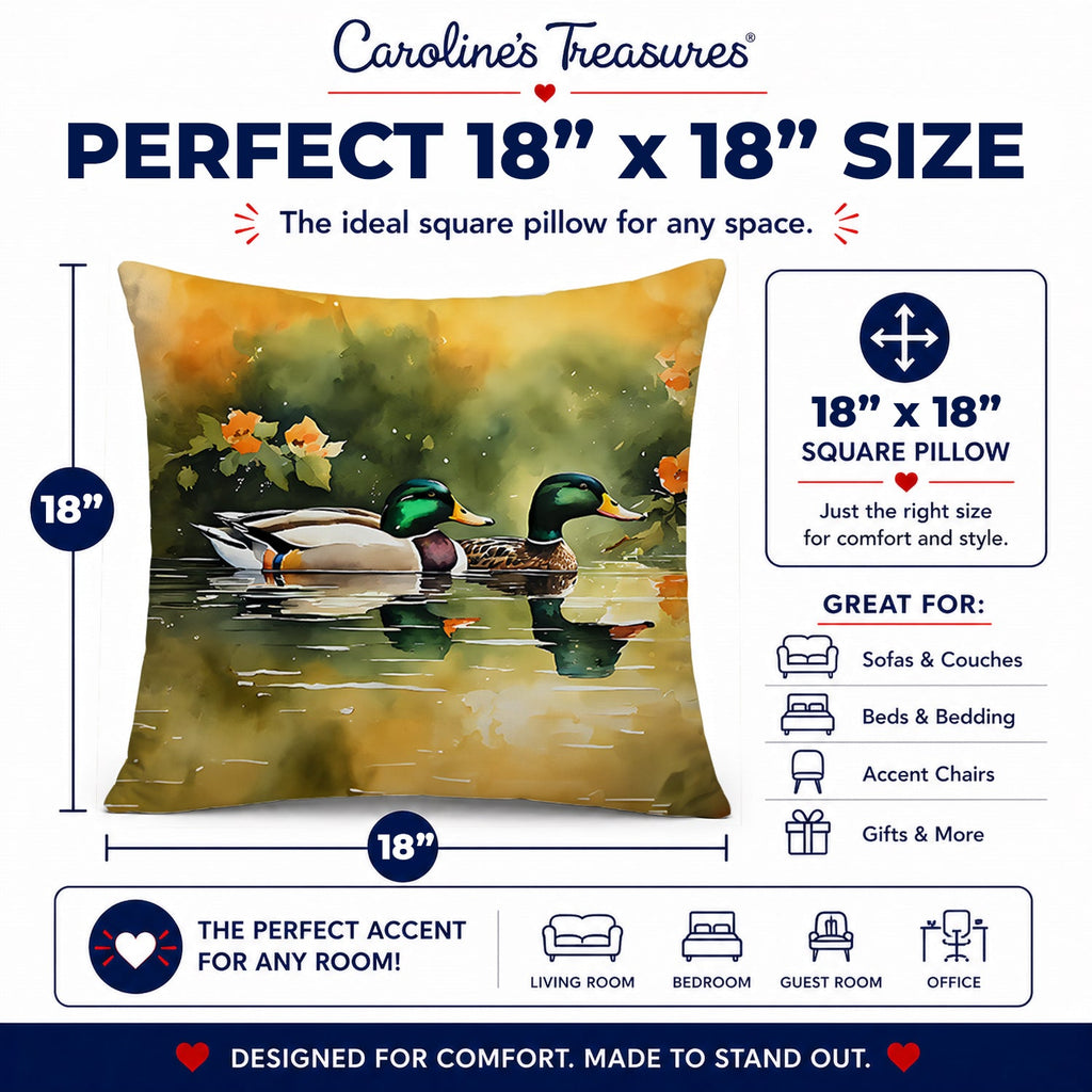 Mallard Ducks Swimming Pond Decorative Throw Pillow 18x18 Indoor Outdoor Accent Cushion, Fabric Cover with Insert for Sofa, Bed, Porch & Living Room