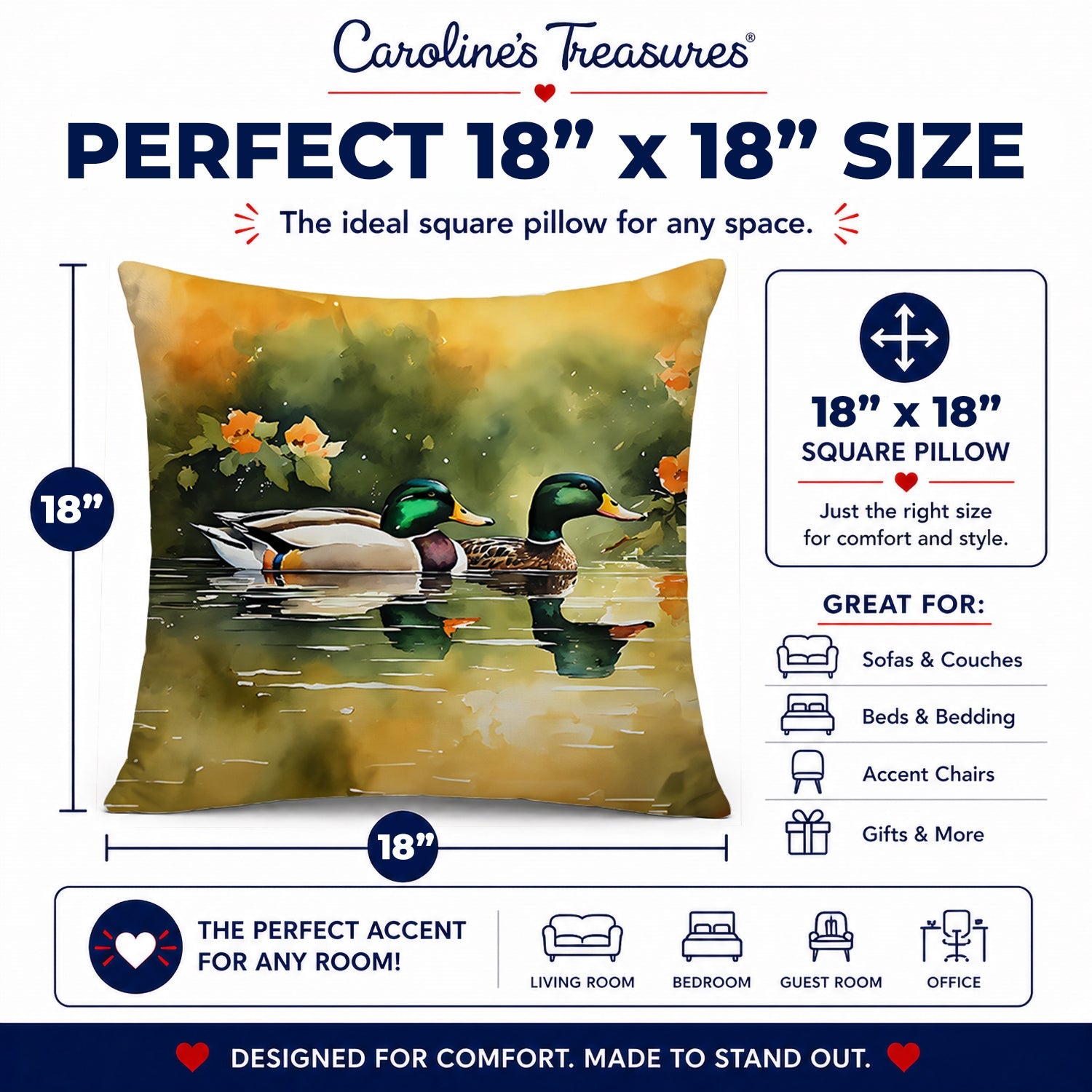 Mallard Ducks Swimming Pond Decorative Throw Pillow 18x18 Indoor Outdoor Accent Cushion, Fabric Cover with Insert for Sofa, Bed, Porch & Living Room