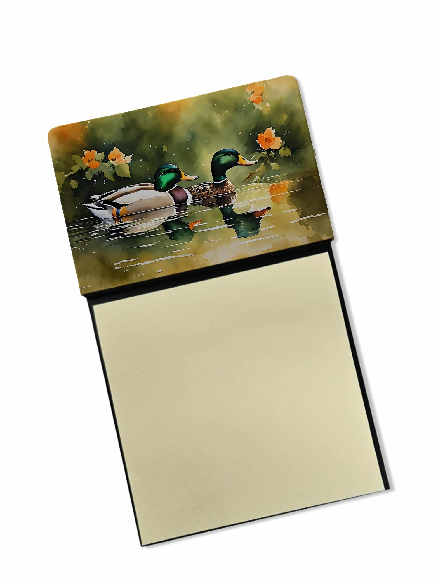 Mallard Ducks Swimming Pond Watercolor Sticky Note Holder Refillable Dispenser Desk Accessory 3x3 Pad Gift