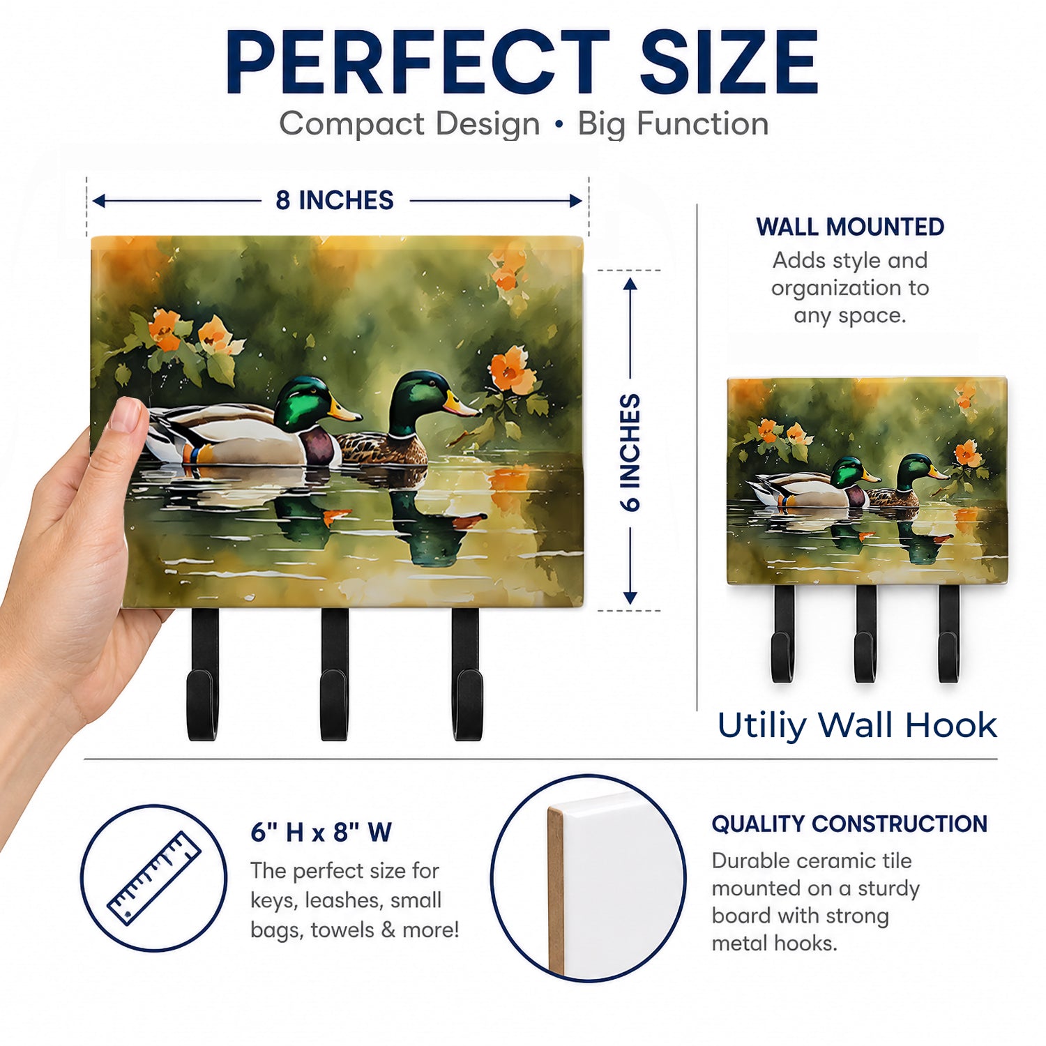 Mallard Ducks Swimming Pond Leash or Key Holder Wall Hooks, Coat Rack Wall Mount, for Hanging Keys, Towels, Aprons, Leashes