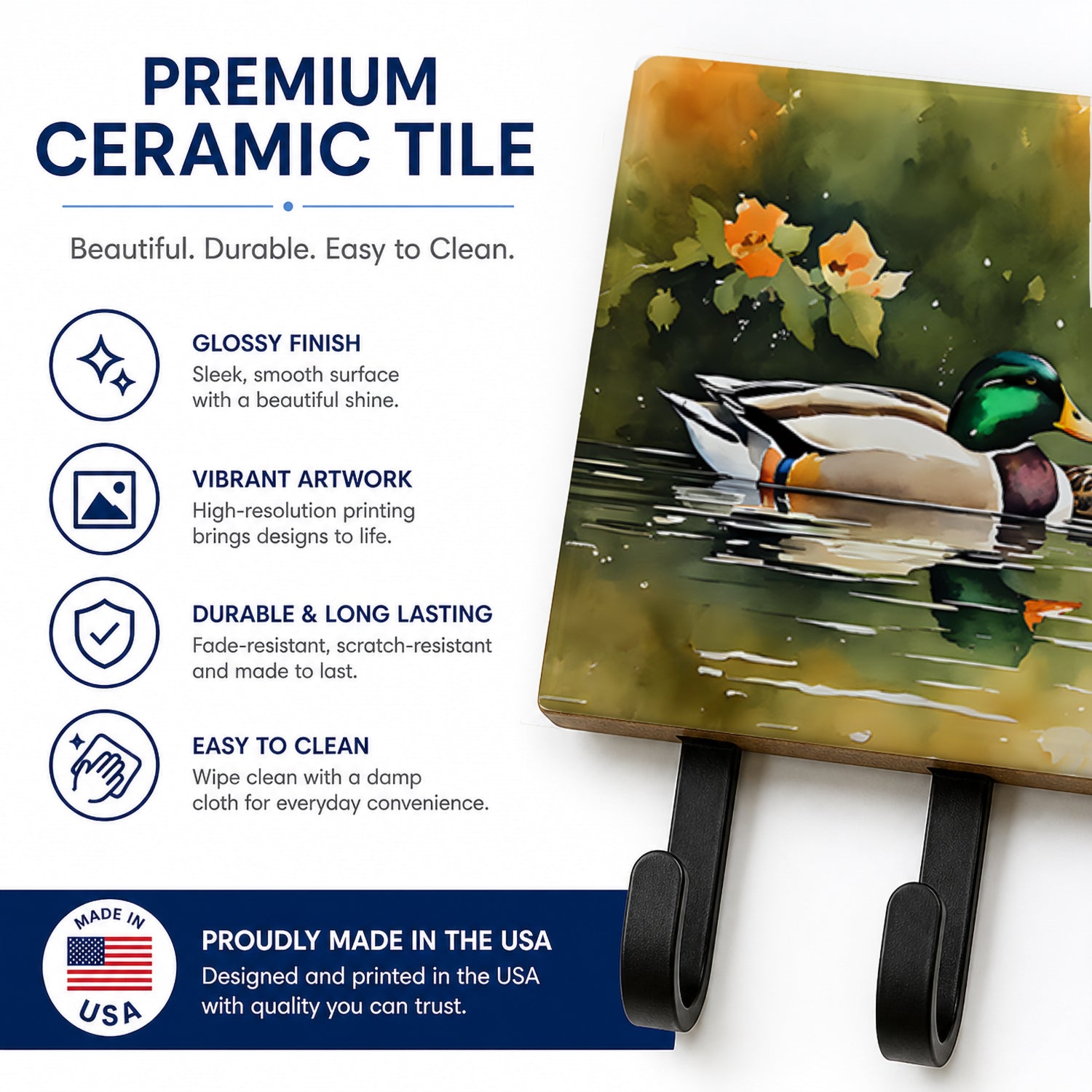 Mallard Ducks Swimming Pond Leash or Key Holder Wall Hooks, Coat Rack Wall Mount, for Hanging Keys, Towels, Aprons, Leashes