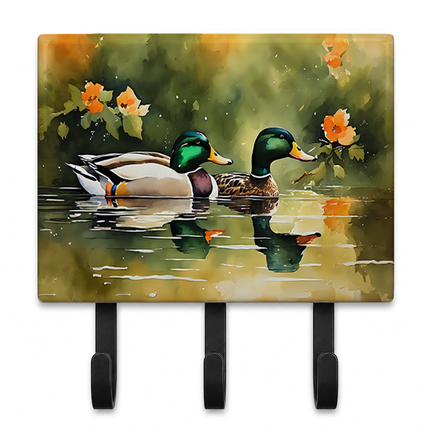 Mallard Ducks Swimming Pond Leash or Key Holder Wall Hooks, Coat Rack Wall Mount, for Hanging Keys, Towels, Aprons, Leashes