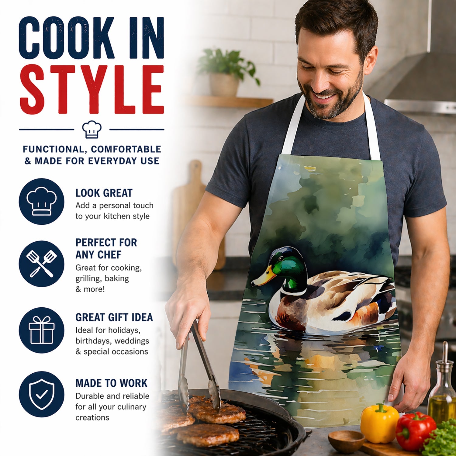 Mallard Duck Swimming Calm Water Apron Cooking Kitchen Server Baking Crafts Gardening for Adult Women Men, Unisex, Large, Multicolor