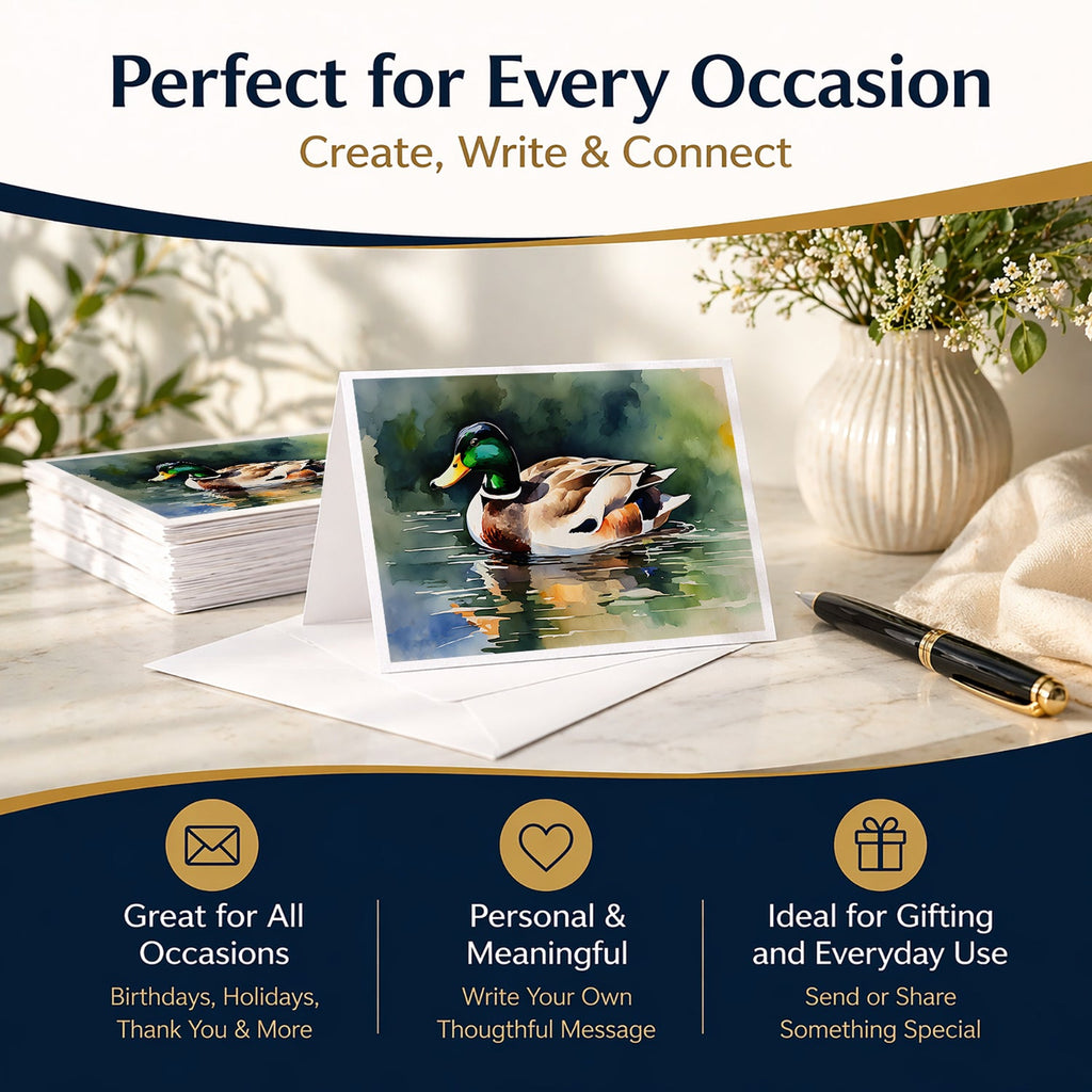 Mallard Duck Swimming Calm Water Greeting Cards Pack of 8 Blank Cards with Envelopes Whimsical A7 Size 5x7