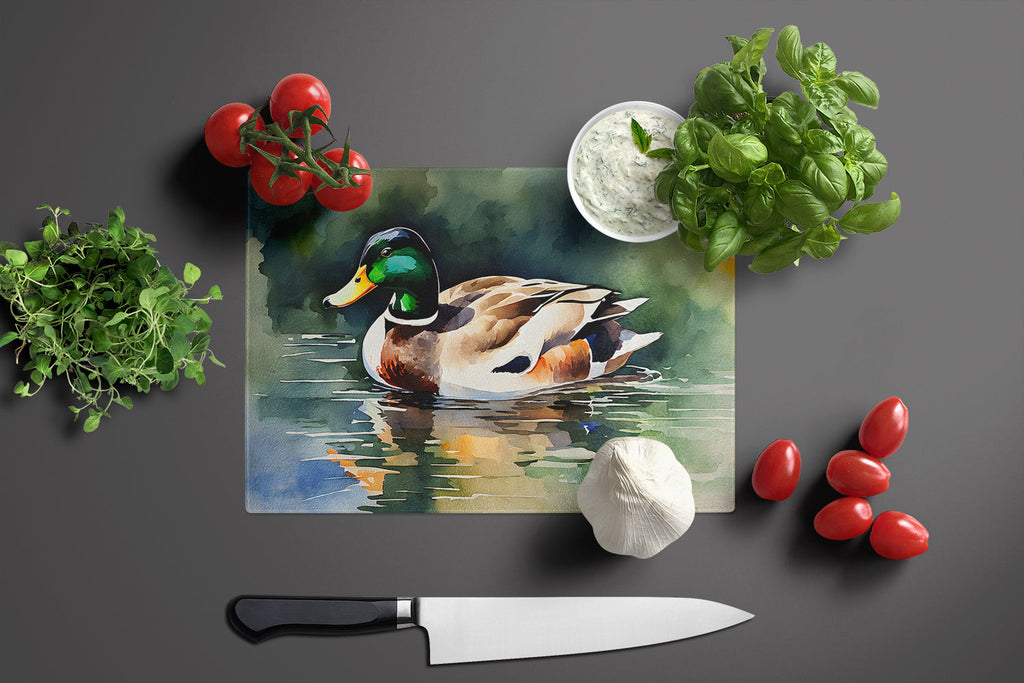 Mallard Duck Swimming Calm Water Cutting Board Tempered Glass Kitchen Cutting Surface, Heat Resistant Chopping, Non-Slip Feet, Food Prep & Serving