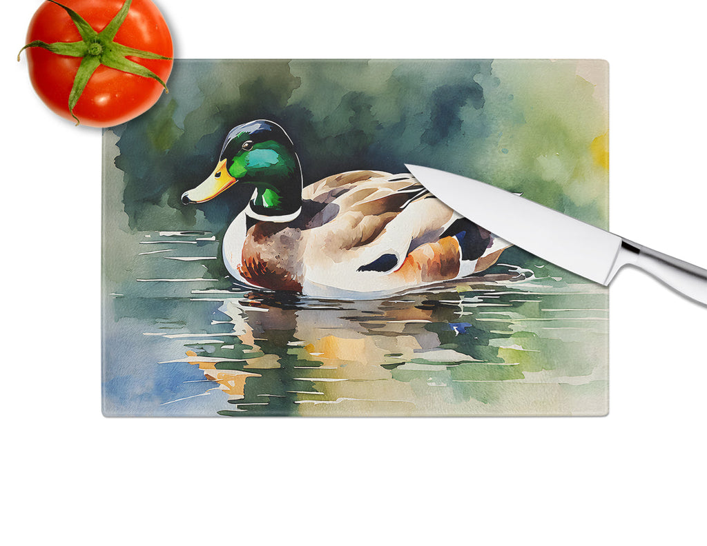 Mallard Duck Swimming Calm Water Cutting Board Tempered Glass Kitchen Cutting Surface, Heat Resistant Chopping, Non-Slip Feet, Food Prep & Serving