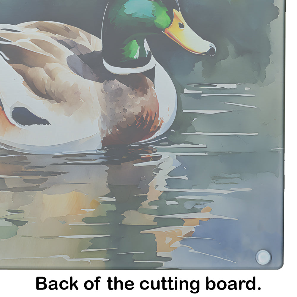 Mallard Duck Swimming Calm Water Cutting Board Tempered Glass Kitchen Cutting Surface, Heat Resistant Chopping, Non-Slip Feet, Food Prep & Serving