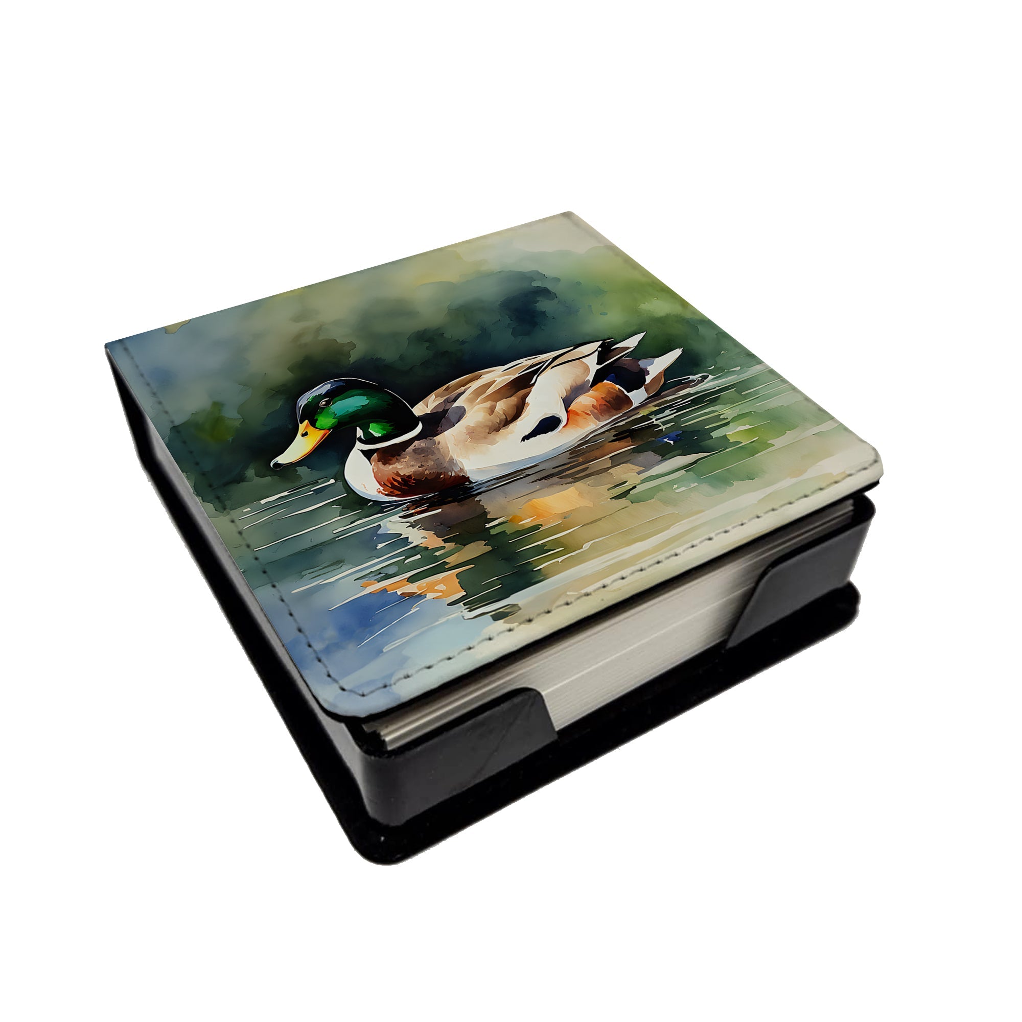 Mallard Duck Swimming Calm Water PU Leather Note Paper Holder with Artist-Designed Cover, Desk Accessory, Office Gift