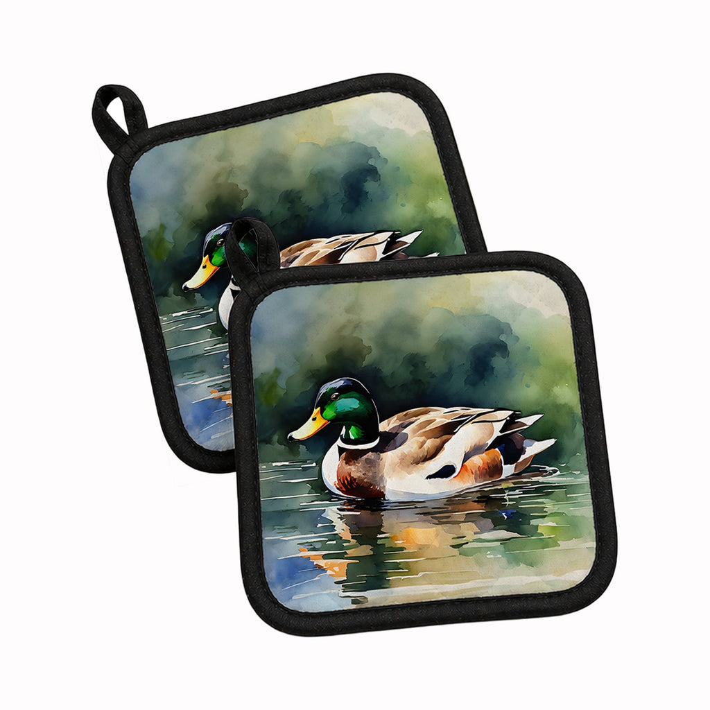 Mallard Duck Swimming Calm Water Pot Holder Set of 2 Heat Resistant Quilted Hot Pads 7.5 x 7.5 Inch, Insulated Kitchen Trivets for Cooking & Baking