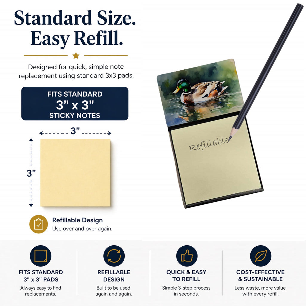 Mallard Duck Swimming Calm Water Watercolor Sticky Note Holder Refillable Dispenser Desk Accessory 3x3 Pad Gift