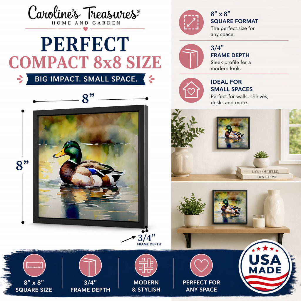Mallard Duck Floating Pond Reflection Framed Metal Print Bathroom, Kitchen, Office, Home Decor Wall Art Ready to Hang, Square, 8X8