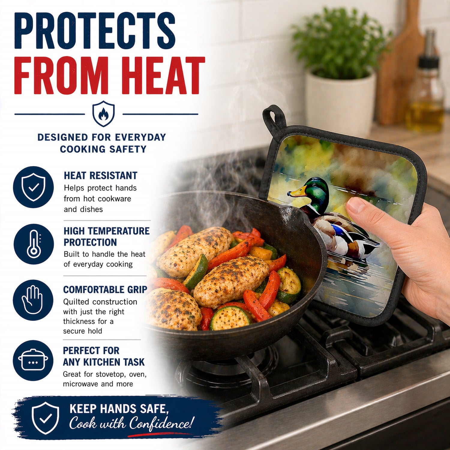 Mallard Duck Floating Pond Reflection Pot Holder Set of 2 Heat Resistant Quilted Hot Pads 7.5 x 7.5 Inch, Insulated Kitchen Trivets for Cooking & Baking