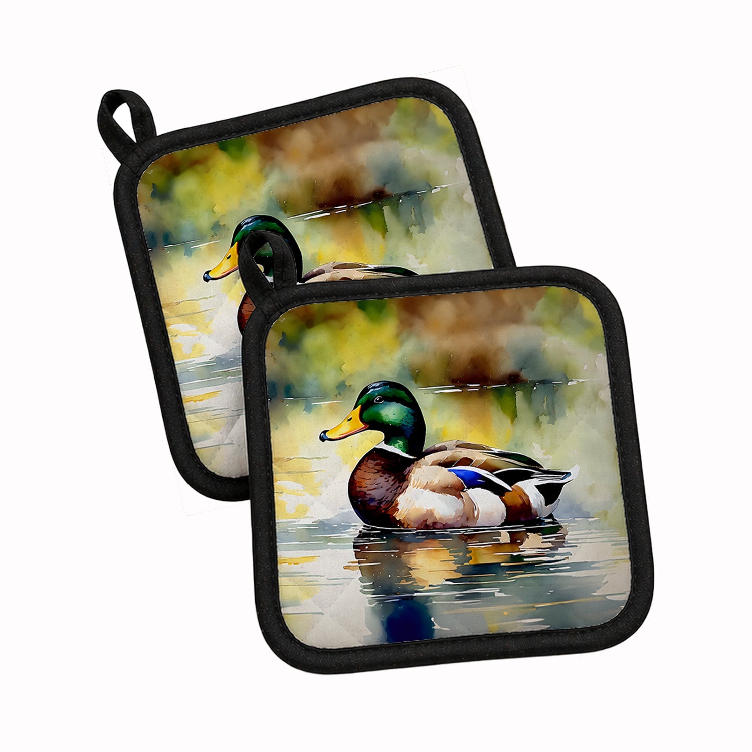Mallard Duck Floating Pond Reflection Pot Holder Set of 2 Heat Resistant Quilted Hot Pads 7.5 x 7.5 Inch, Insulated Kitchen Trivets for Cooking & Baking