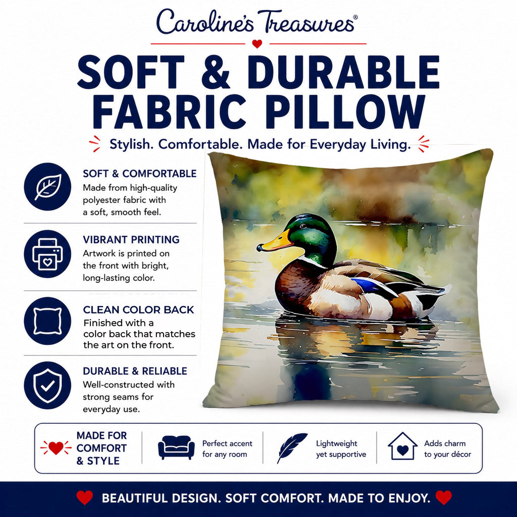 Mallard Duck Floating Pond Reflection Decorative Throw Pillow 18x18 Indoor Outdoor Accent Cushion, Fabric Cover with Insert for Sofa, Bed, Porch & Living Room