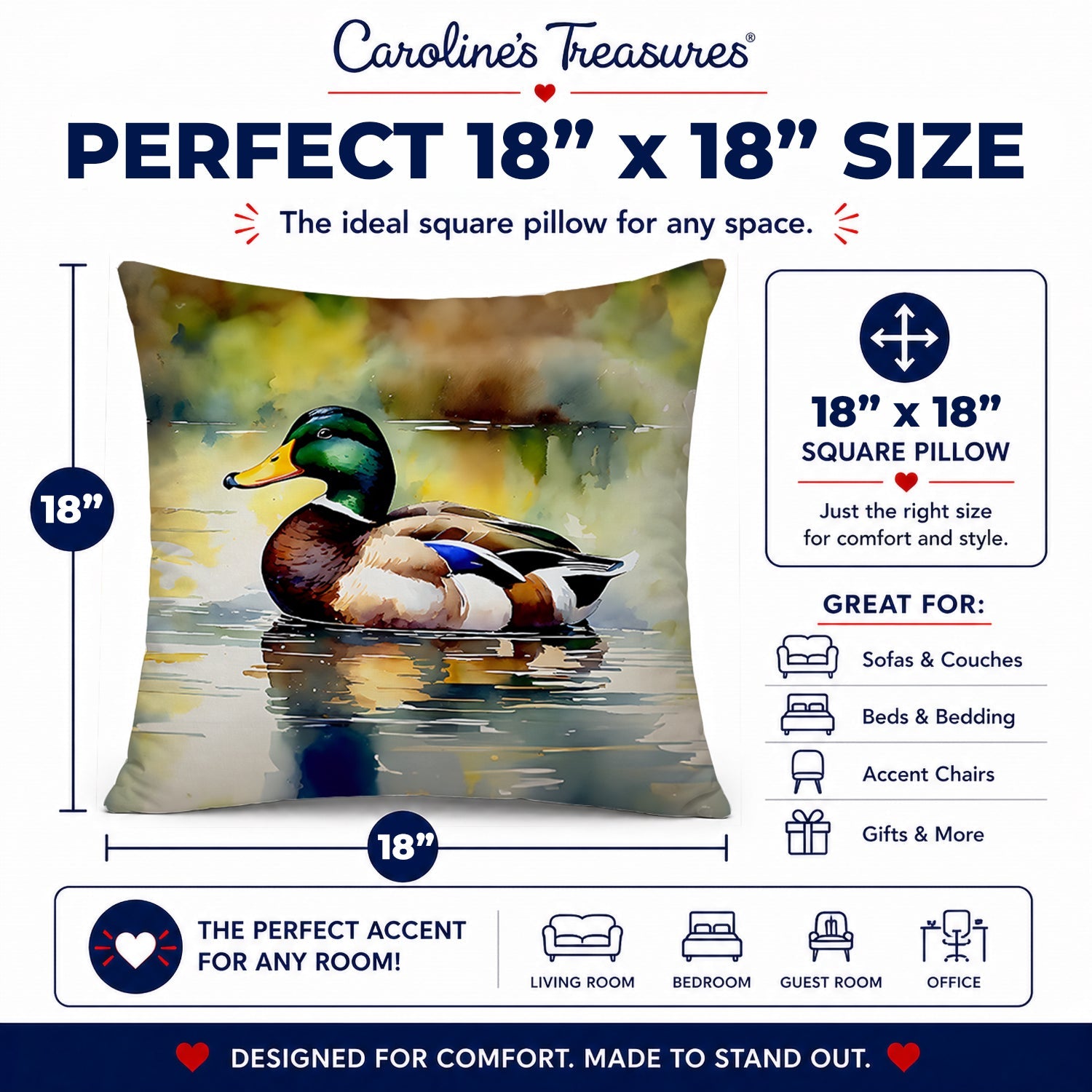 Mallard Duck Floating Pond Reflection Decorative Throw Pillow 18x18 Indoor Outdoor Accent Cushion, Fabric Cover with Insert for Sofa, Bed, Porch & Living Room