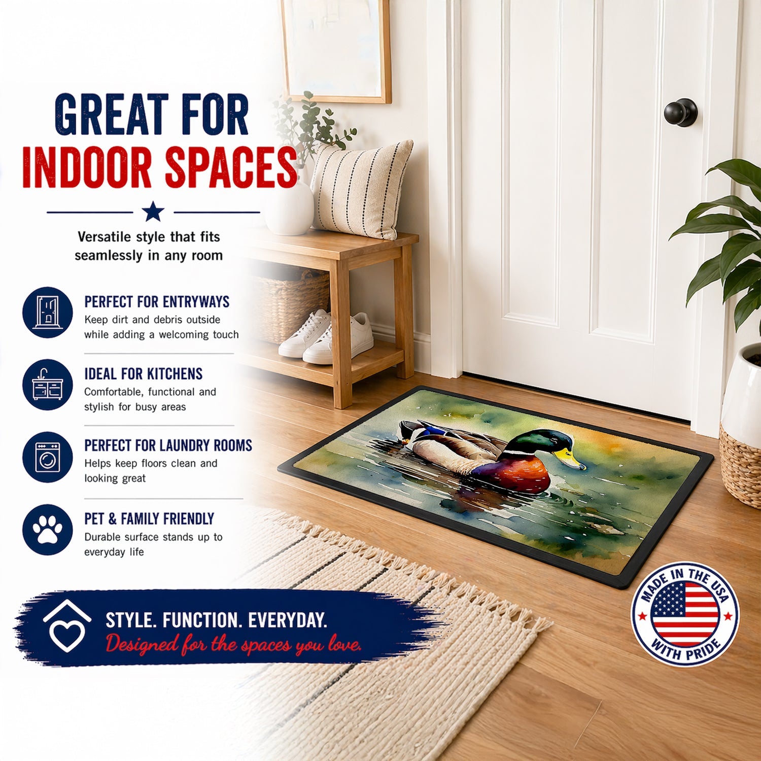 Mallard Duck Swimming Pond Scene Doormat Indoor Outdoor 24H X 36W Front Door Mat Rugs for Entryway, Non Slip Washable Low Pile,
