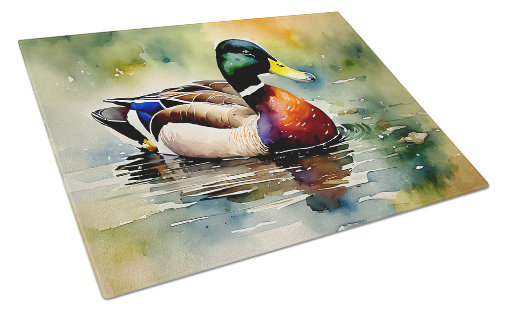 Mallard Duck Swimming Pond Scene Cutting Board Tempered Glass Kitchen Cutting Surface, Heat Resistant Chopping, Non-Slip Feet, Food Prep & Serving