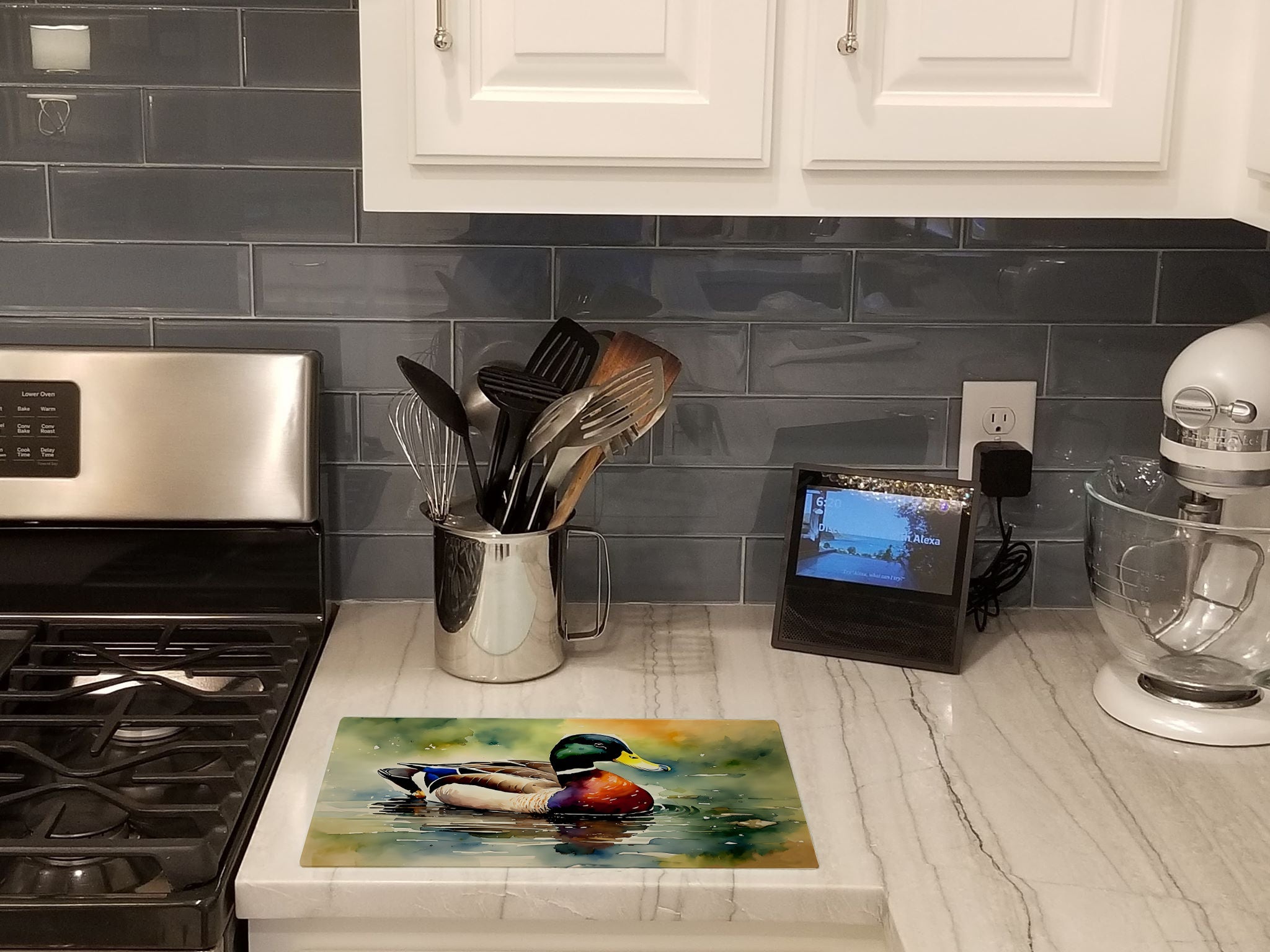 Mallard Duck Swimming Pond Scene Cutting Board Tempered Glass Kitchen Cutting Surface, Heat Resistant Chopping, Non-Slip Feet, Food Prep & Serving