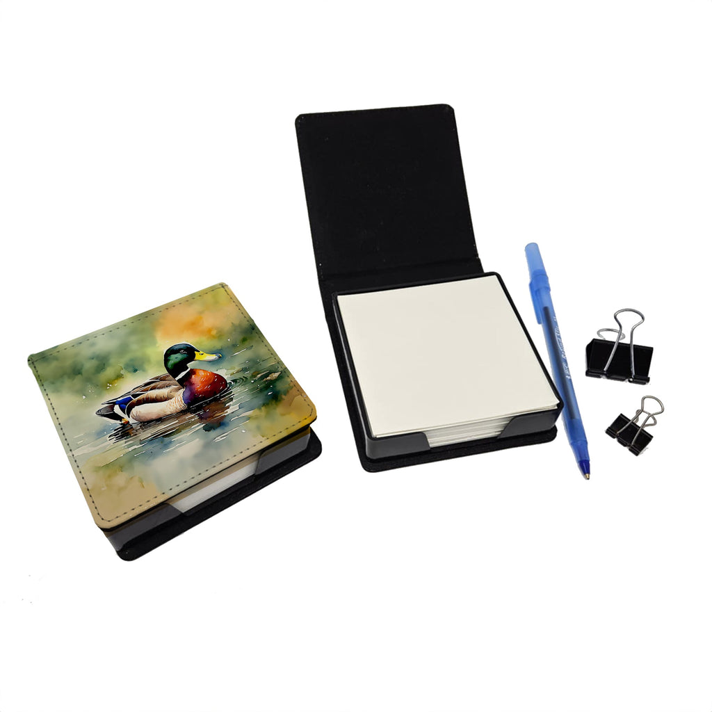 Mallard Duck Swimming Pond Scene PU Leather Note Paper Holder with Artist-Designed Cover, Desk Accessory, Office Gift