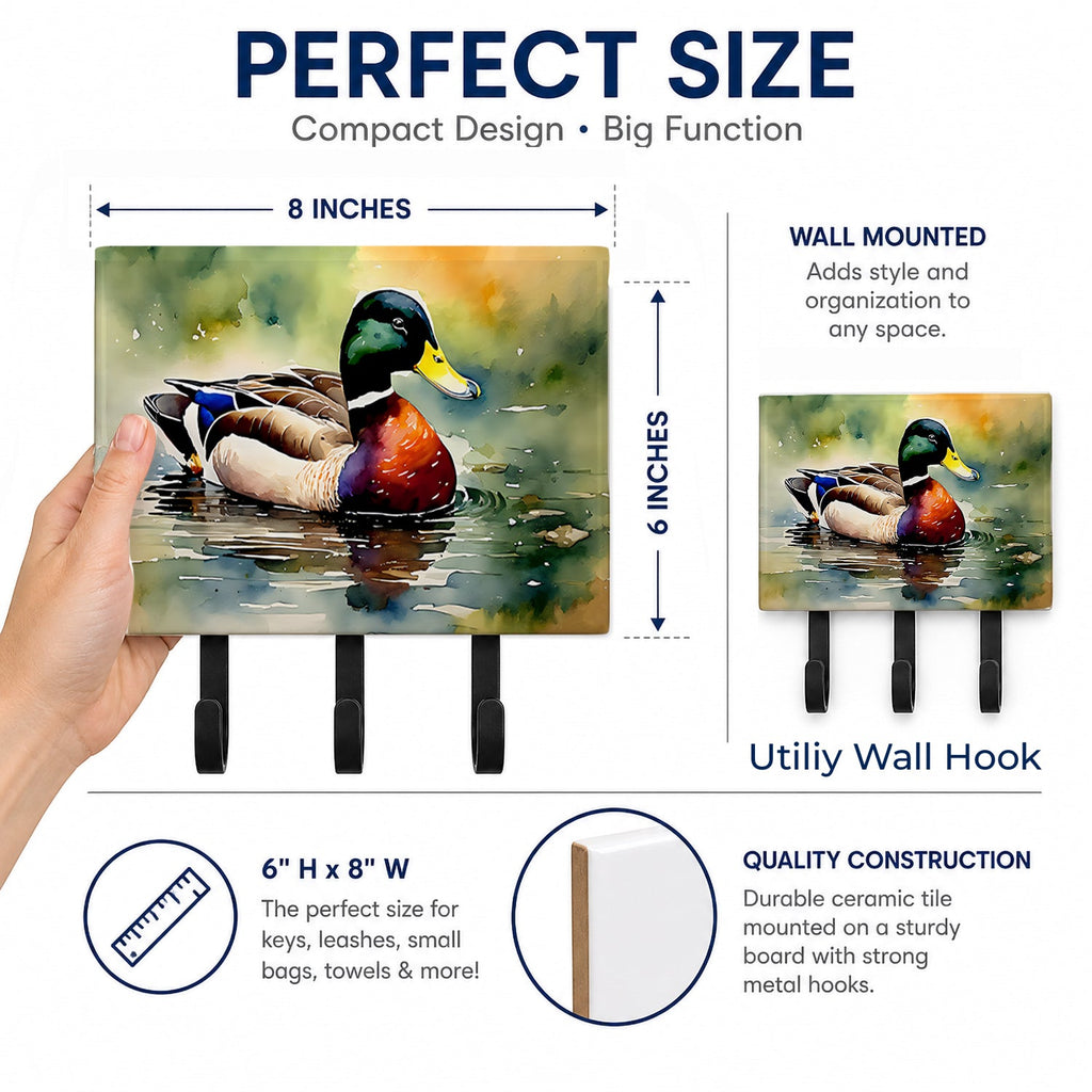 Mallard Duck Swimming Pond Scene Leash or Key Holder Wall Hooks, Coat Rack Wall Mount, for Hanging Keys, Towels, Aprons, Leashes