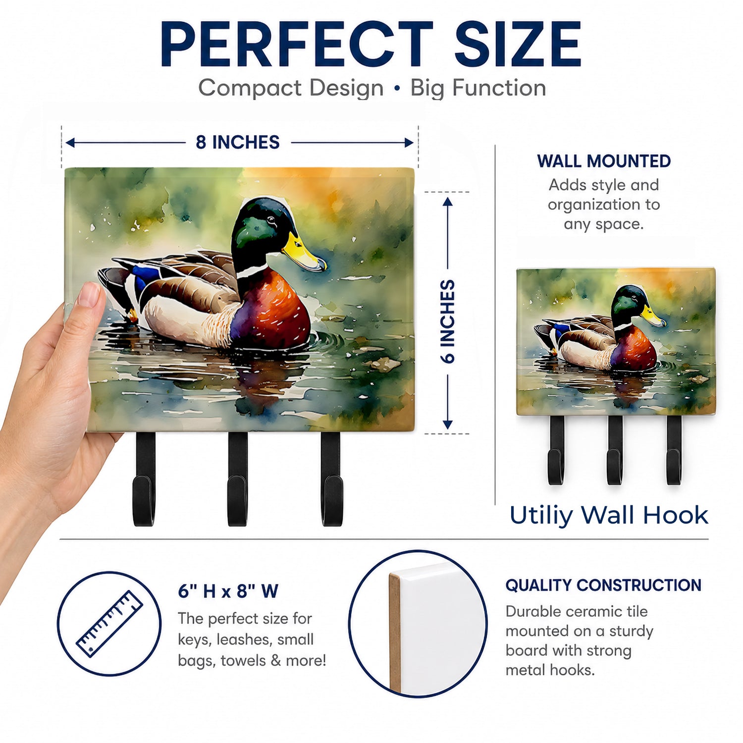 Mallard Duck Swimming Pond Scene Leash or Key Holder Wall Hooks, Coat Rack Wall Mount, for Hanging Keys, Towels, Aprons, Leashes