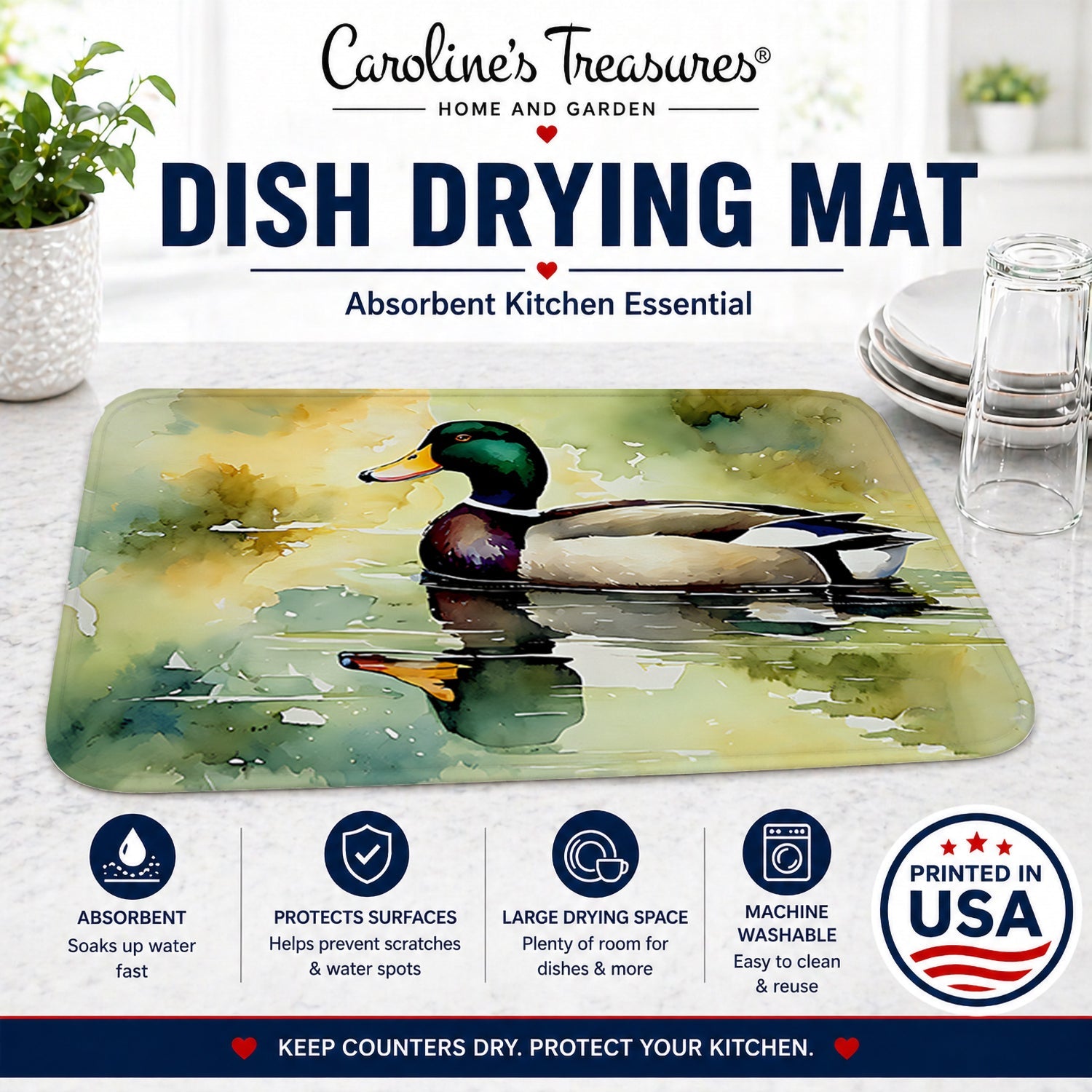 Mallard Duck Side Profile Dish Drying Mat Absorbent Dish Drying Mat Pad for Kitchen Counter Dish Drainer Mat for Countertop, 14 x 21", Multicolor