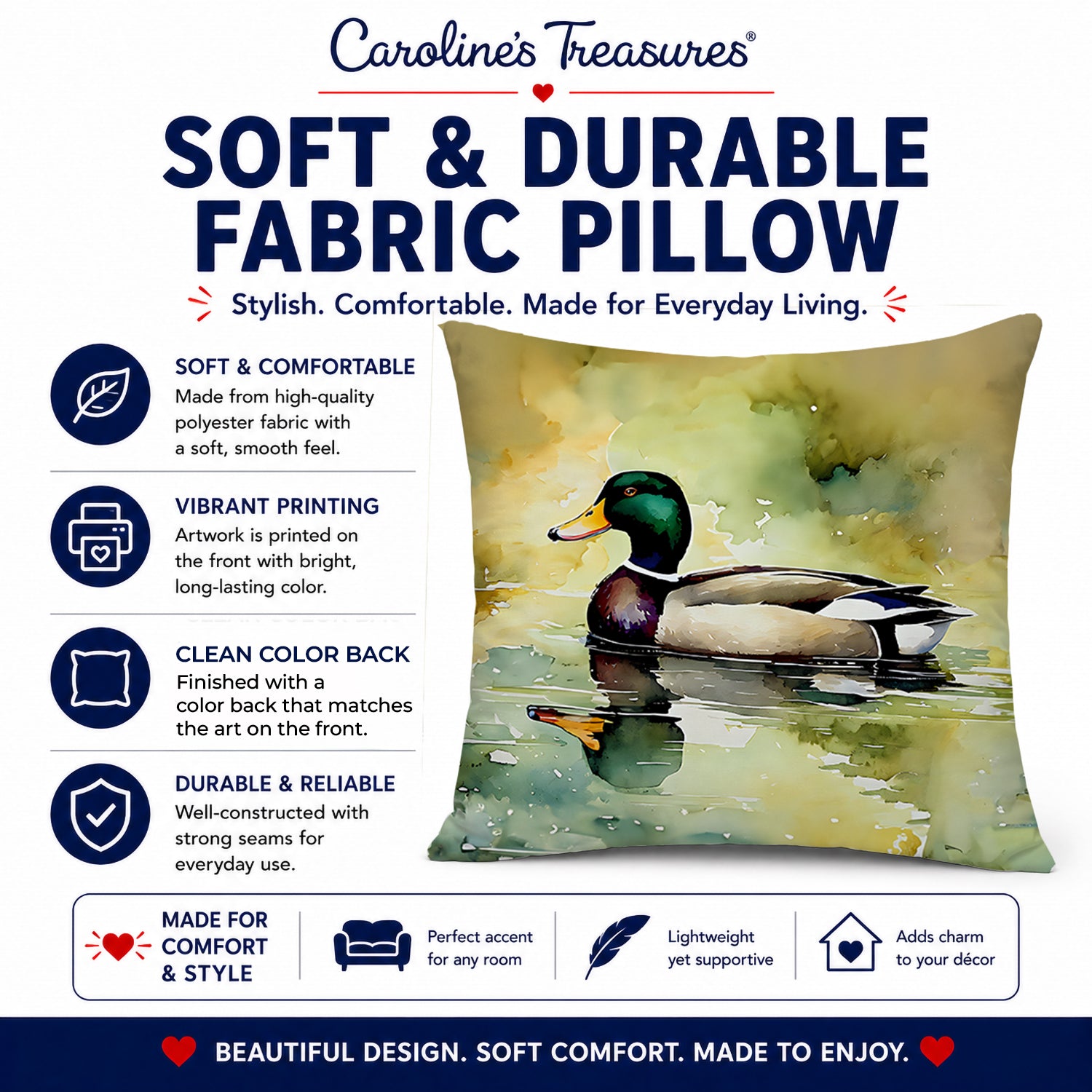 Mallard Duck Side Profile Decorative Throw Pillow 14x14 Indoor Outdoor Accent Cushion, Fabric Cover with Insert for Sofa, Bed, Porch & Living Room