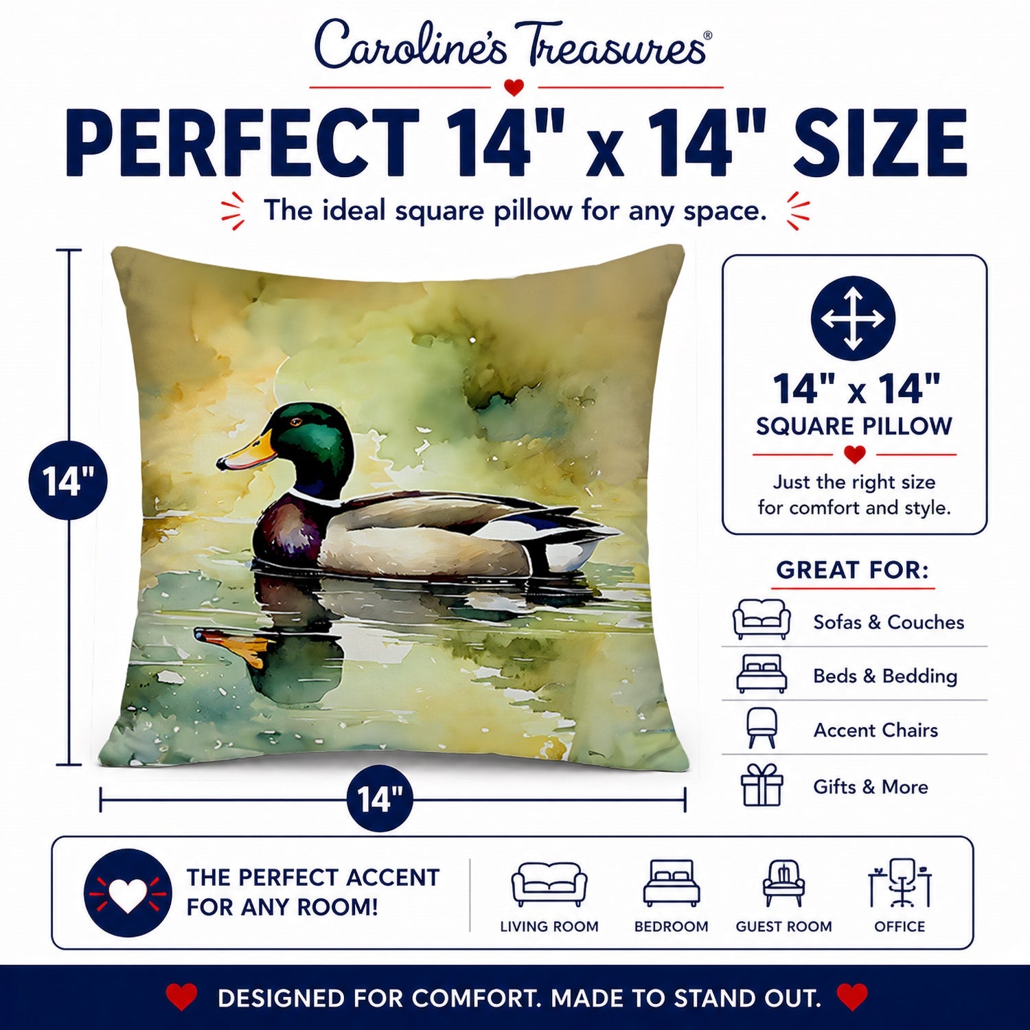 Mallard Duck Side Profile Decorative Throw Pillow 14x14 Indoor Outdoor Accent Cushion, Fabric Cover with Insert for Sofa, Bed, Porch & Living Room