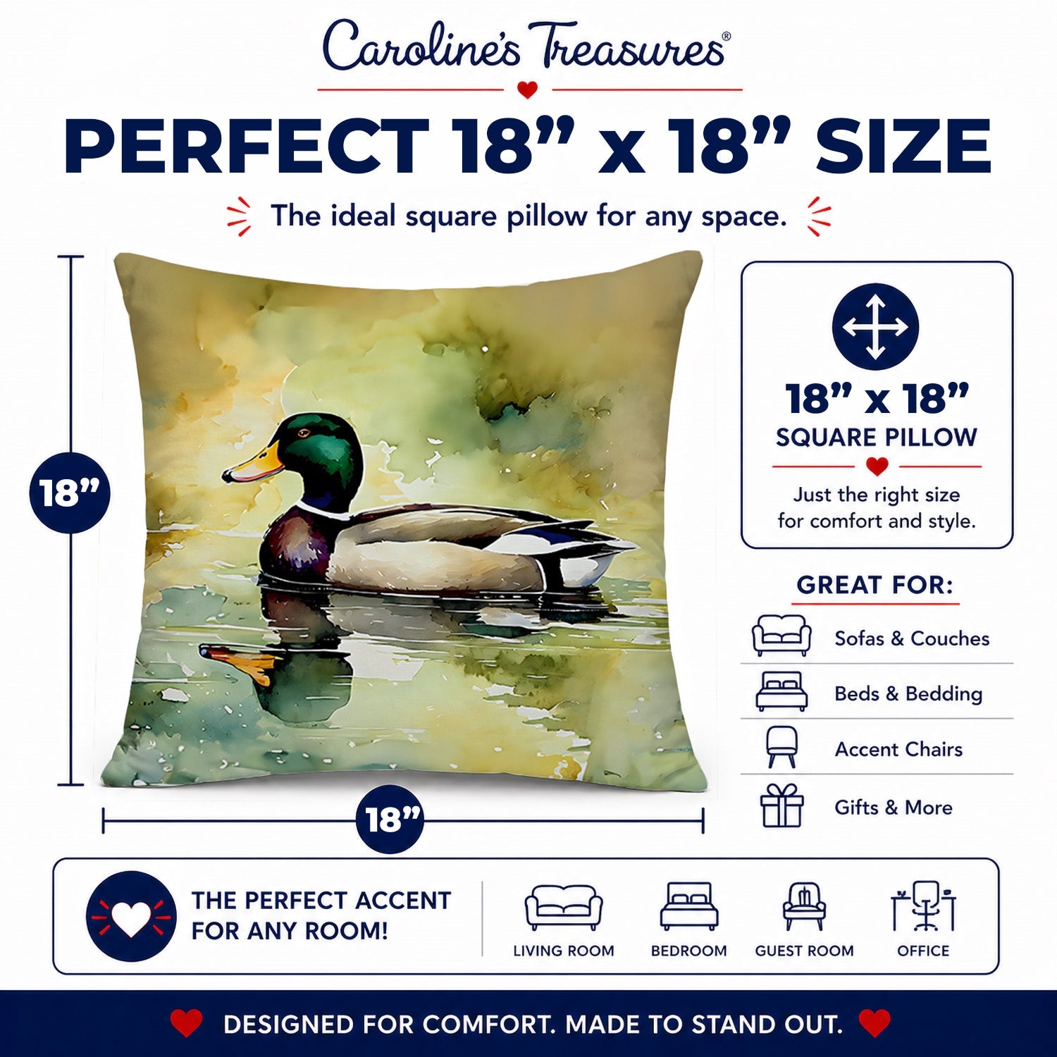 Mallard Duck Side Profile Decorative Throw Pillow 18x18 Indoor Outdoor Accent Cushion, Fabric Cover with Insert for Sofa, Bed, Porch & Living Room