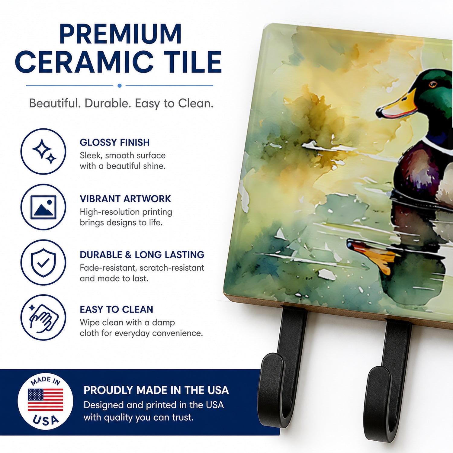 Mallard Duck Side Profile Leash or Key Holder Wall Hooks, Coat Rack Wall Mount, for Hanging Keys, Towels, Aprons, Leashes