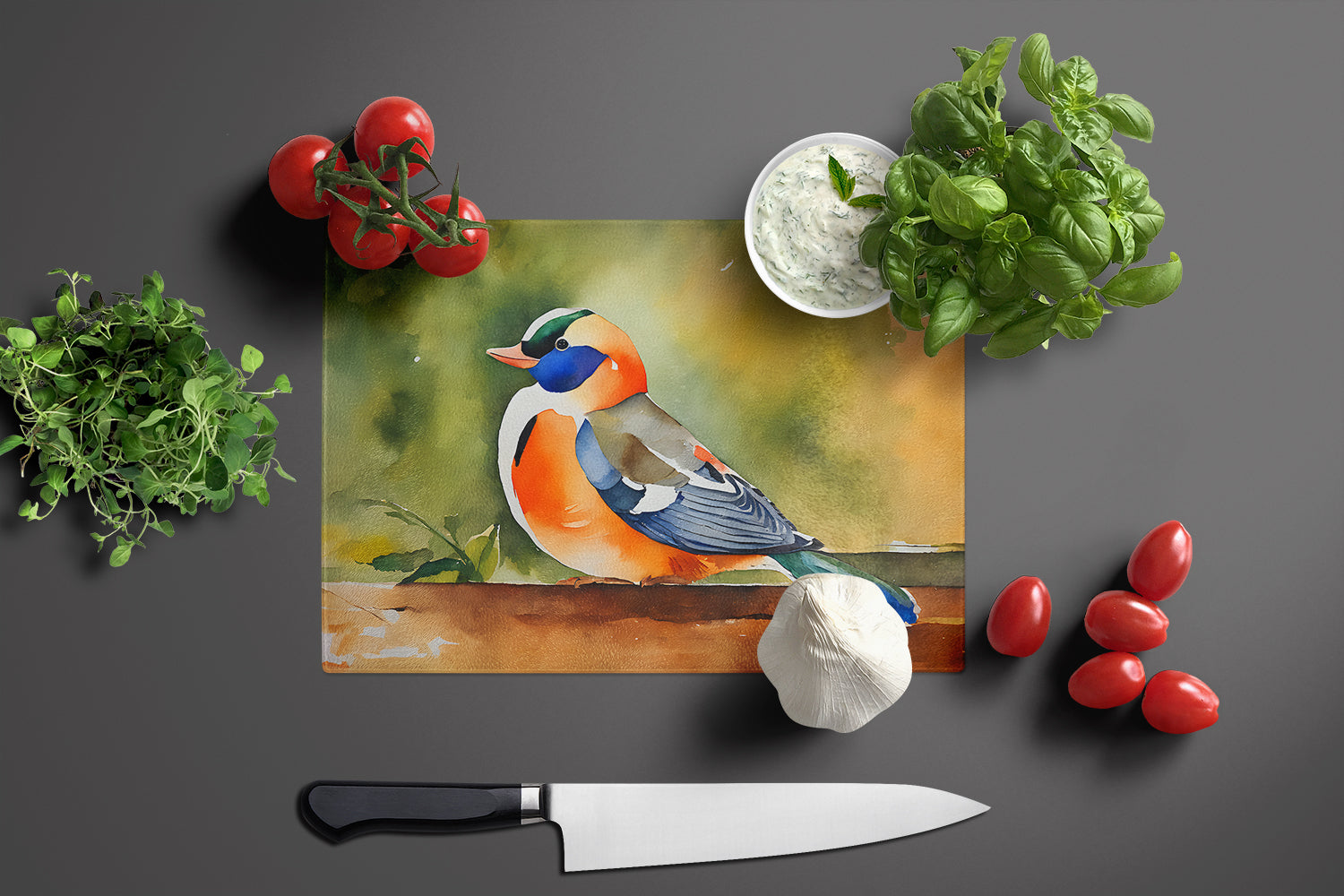 Mandarin Duck Cutting Board Tempered Glass Kitchen Cutting Surface, Heat Resistant Chopping, Non-Slip Feet, Food Prep & Serving
