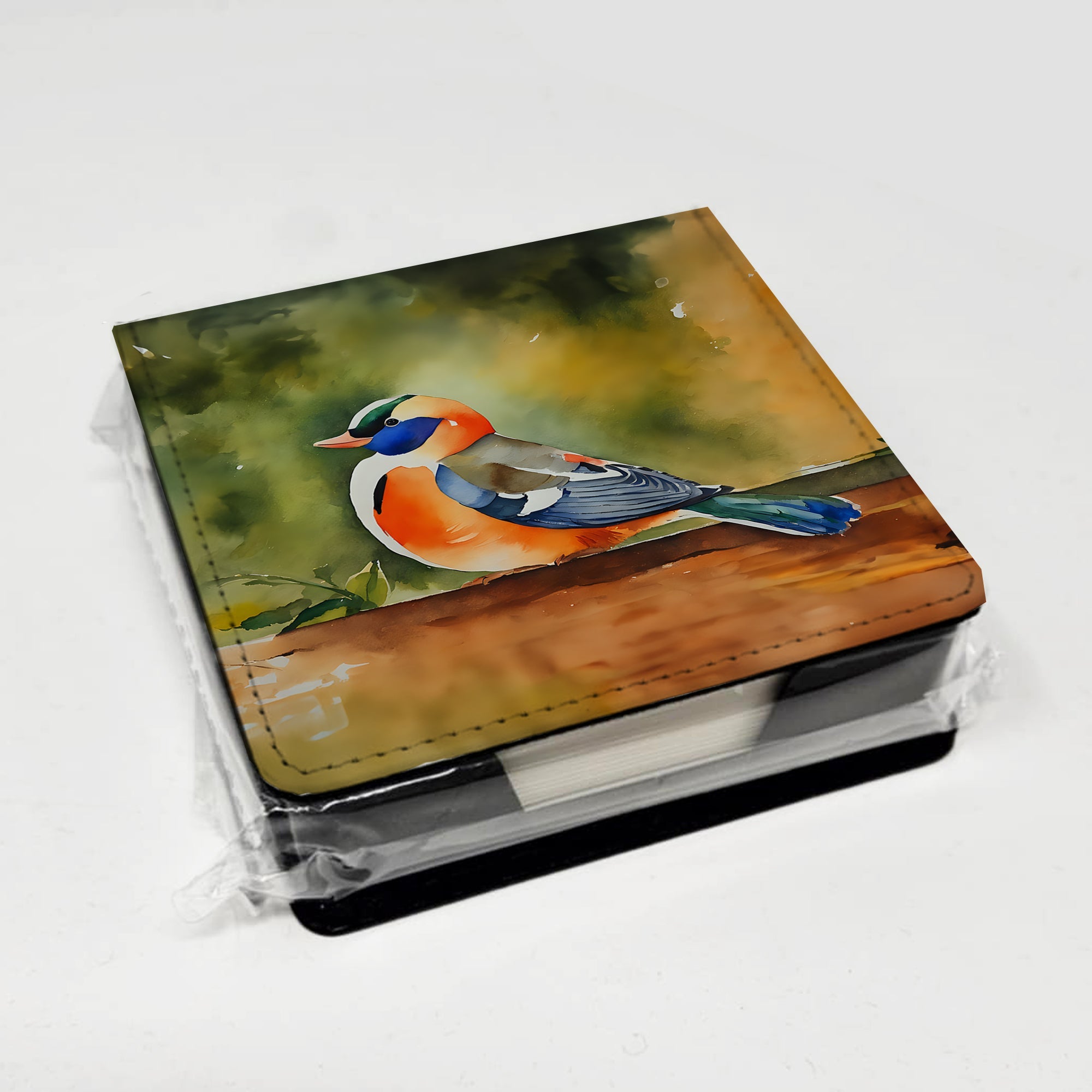 Mandarin Duck PU Leather Note Paper Holder with Artist-Designed Cover, Desk Accessory, Office Gift