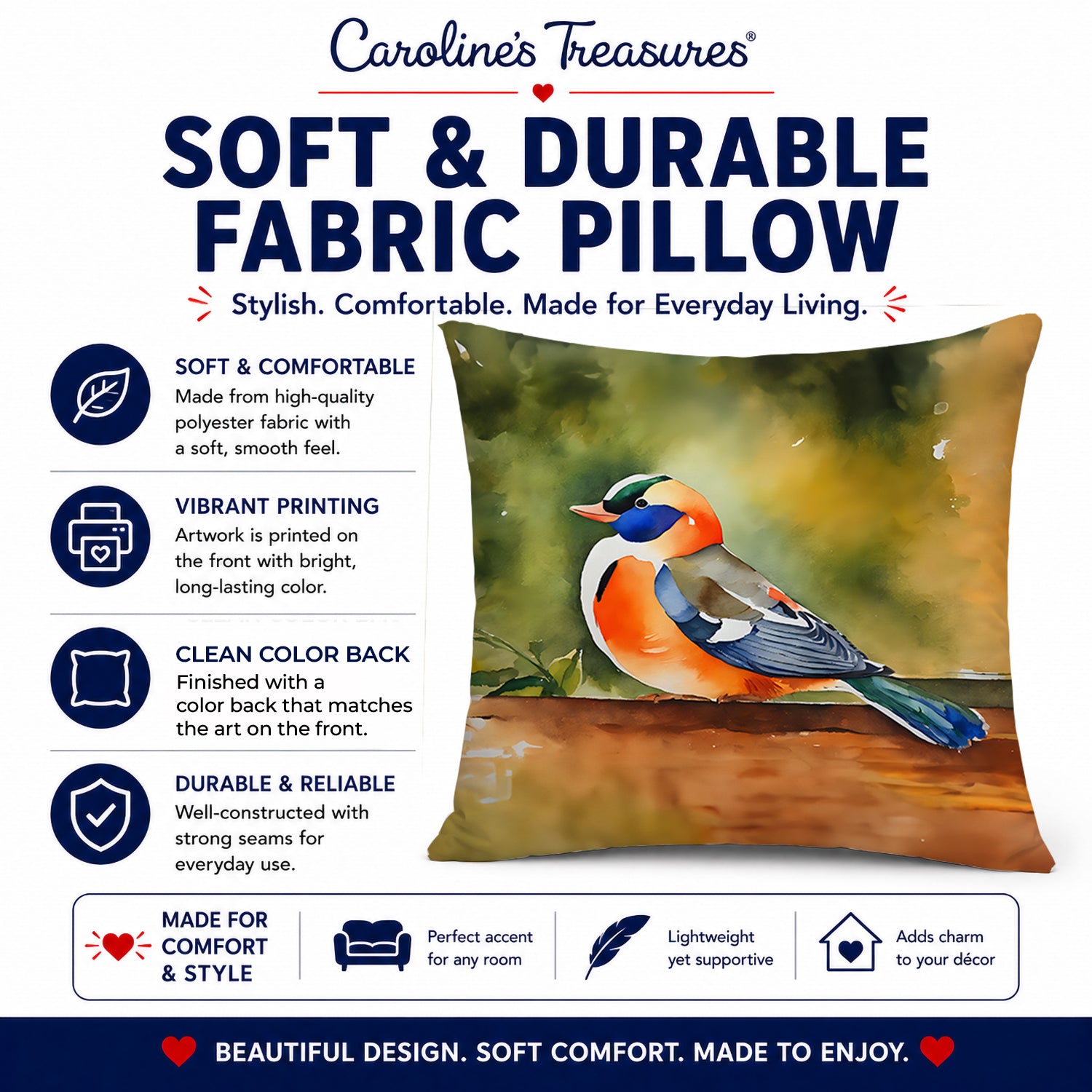 Mandarin Duck Decorative Throw Pillow 18x18 Indoor Outdoor Accent Cushion, Fabric Cover with Insert for Sofa, Bed, Porch & Living Room