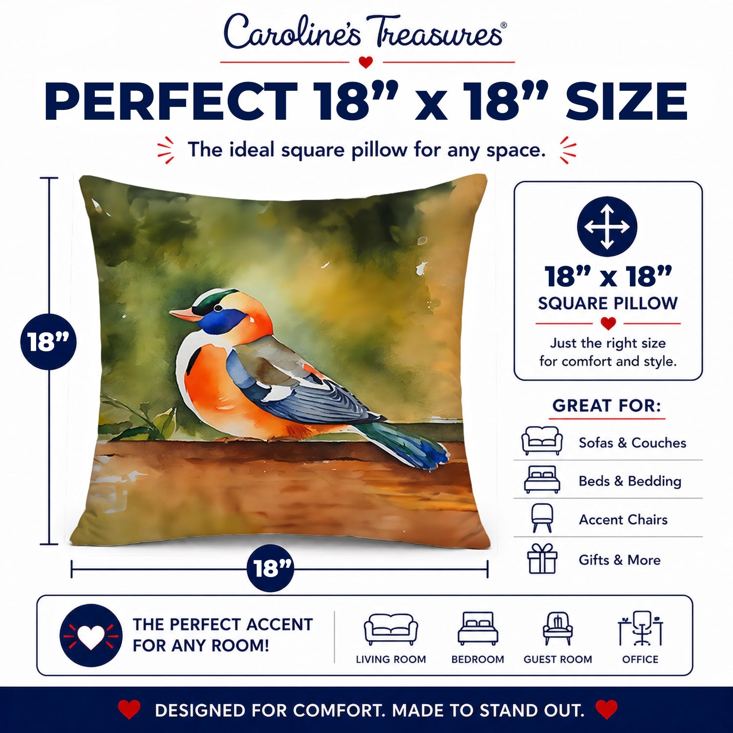 Mandarin Duck Decorative Throw Pillow 18x18 Indoor Outdoor Accent Cushion, Fabric Cover with Insert for Sofa, Bed, Porch & Living Room