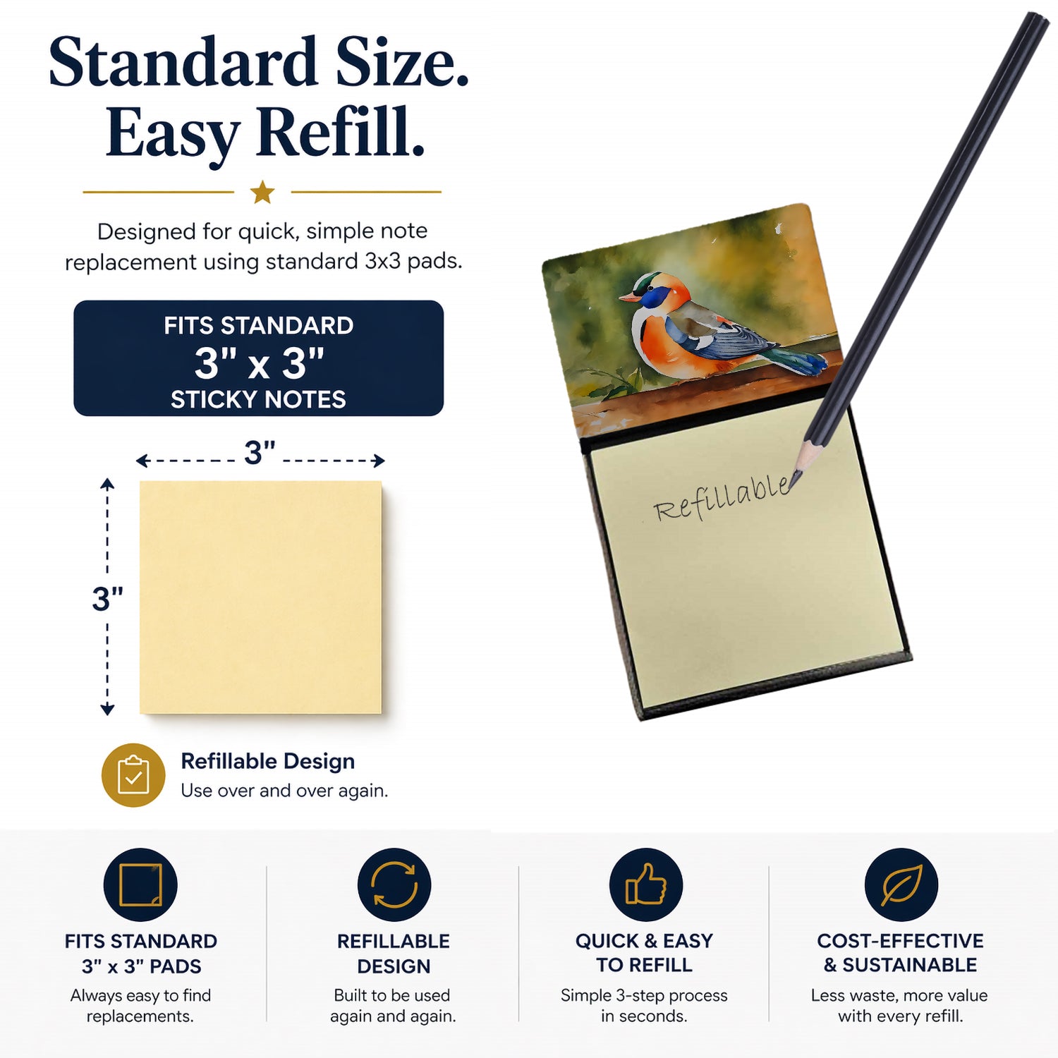 Mandarin Duck Watercolor Sticky Note Holder Refillable Dispenser Desk Accessory 3x3 Pad Gift