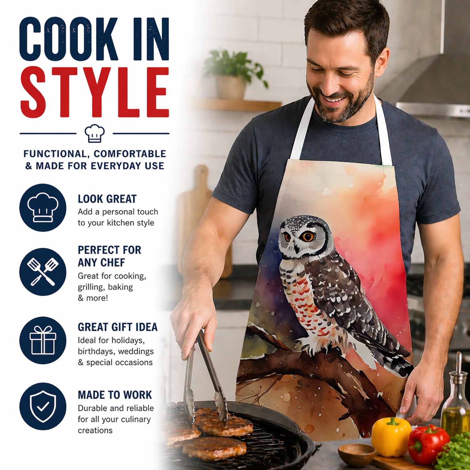Northern Hawk Owl Perched Branch Apron Cooking Kitchen Server Baking Crafts Gardening for Adult Women Men, Unisex, Large, Multicolor