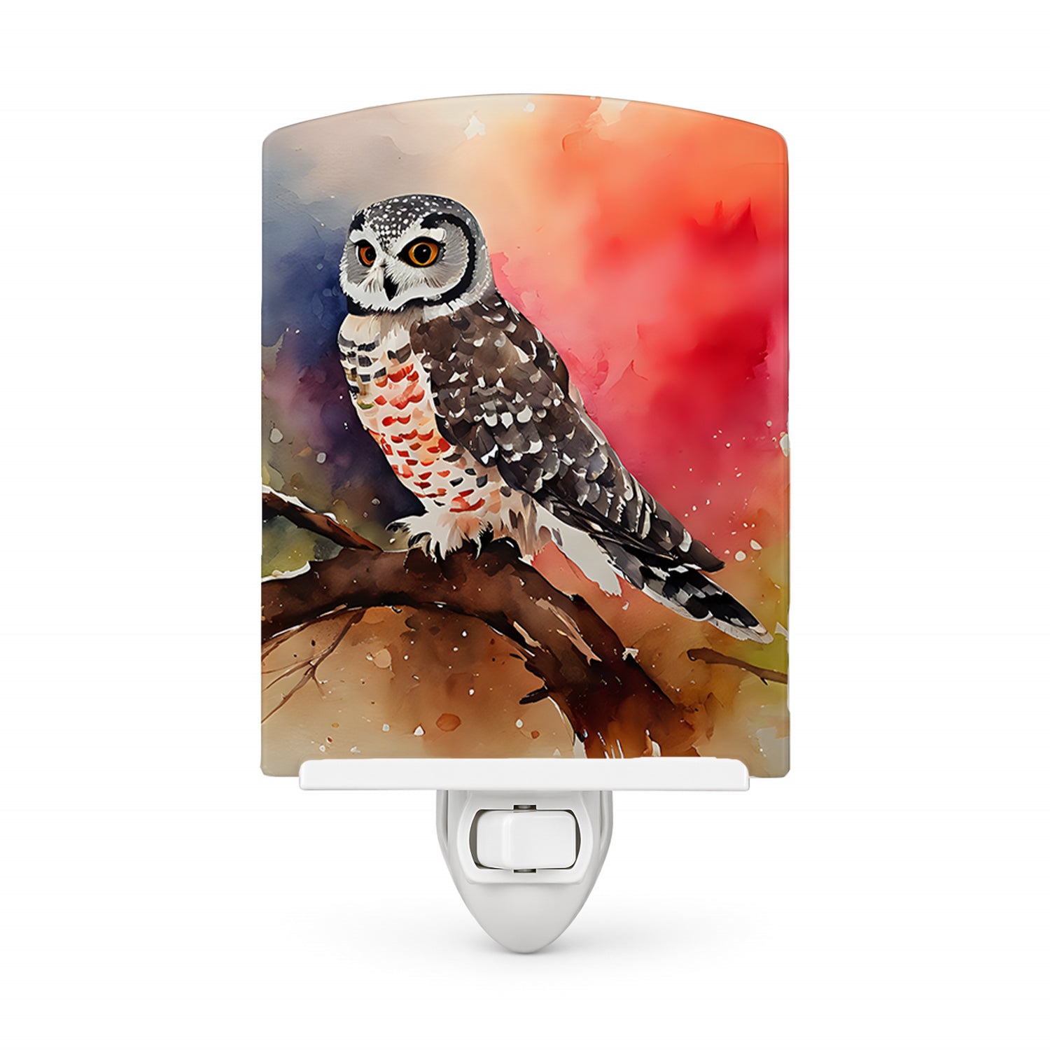 Northern Hawk Owl Perched Branch Ceramic Night Light Compact, UL-Certified, Ideal for Bedroom, Bathroom, Nursery, Hallway, Kitchen, 6x4x3, Multicolor
