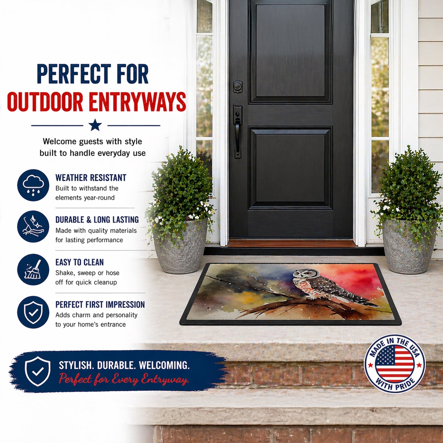 Northern Hawk Owl Perched Branch Doormat Indoor Outdoor 24H X 36W Front Door Mat Rugs for Entryway, Non Slip Washable Low Pile,