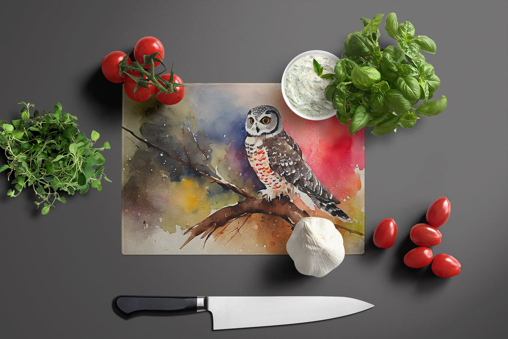 Northern Hawk Owl Perched Branch Cutting Board Tempered Glass Kitchen Cutting Surface, Heat Resistant Chopping, Non-Slip Feet, Food Prep & Serving