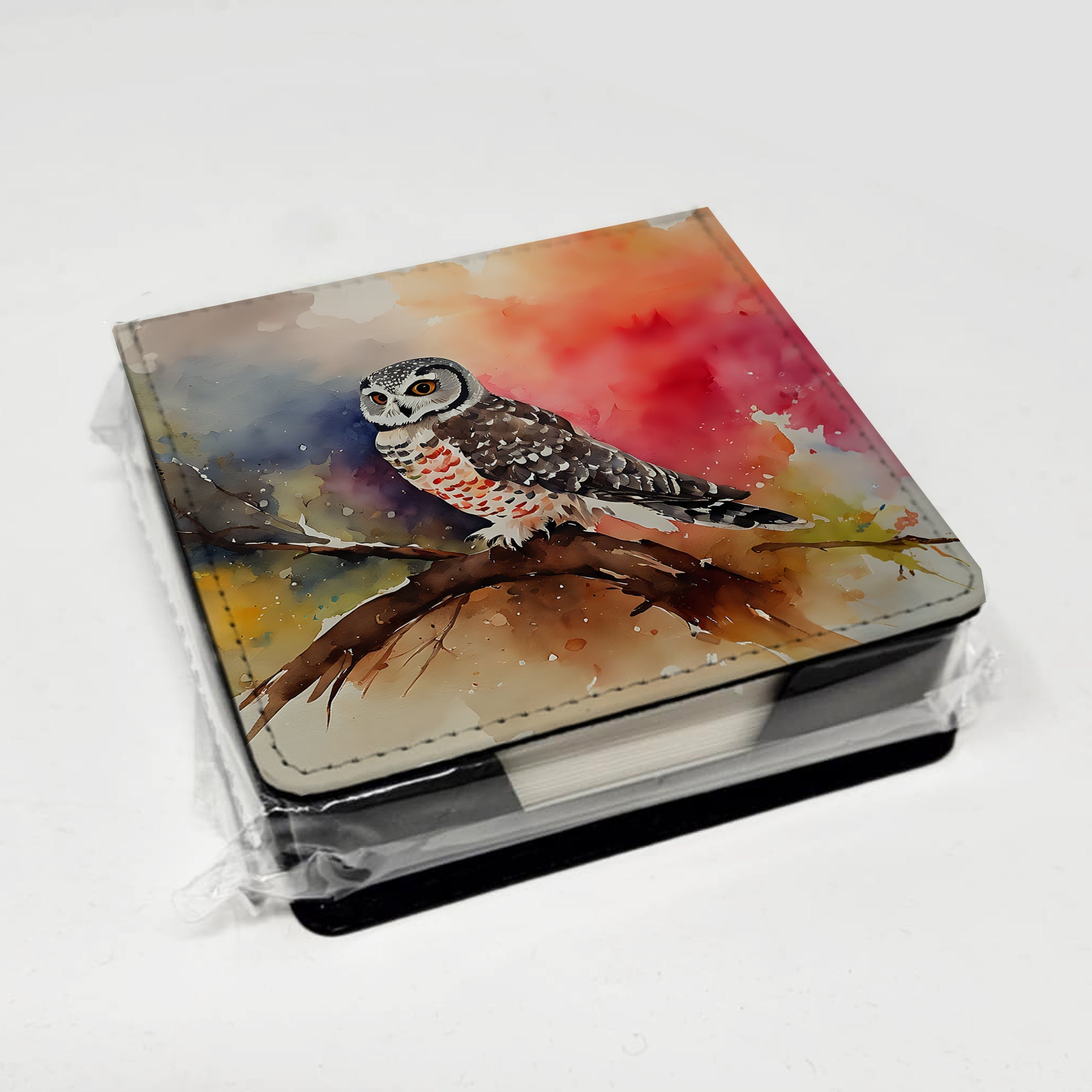 Northern Hawk Owl Perched Branch PU Leather Note Paper Holder with Artist-Designed Cover, Desk Accessory, Office Gift