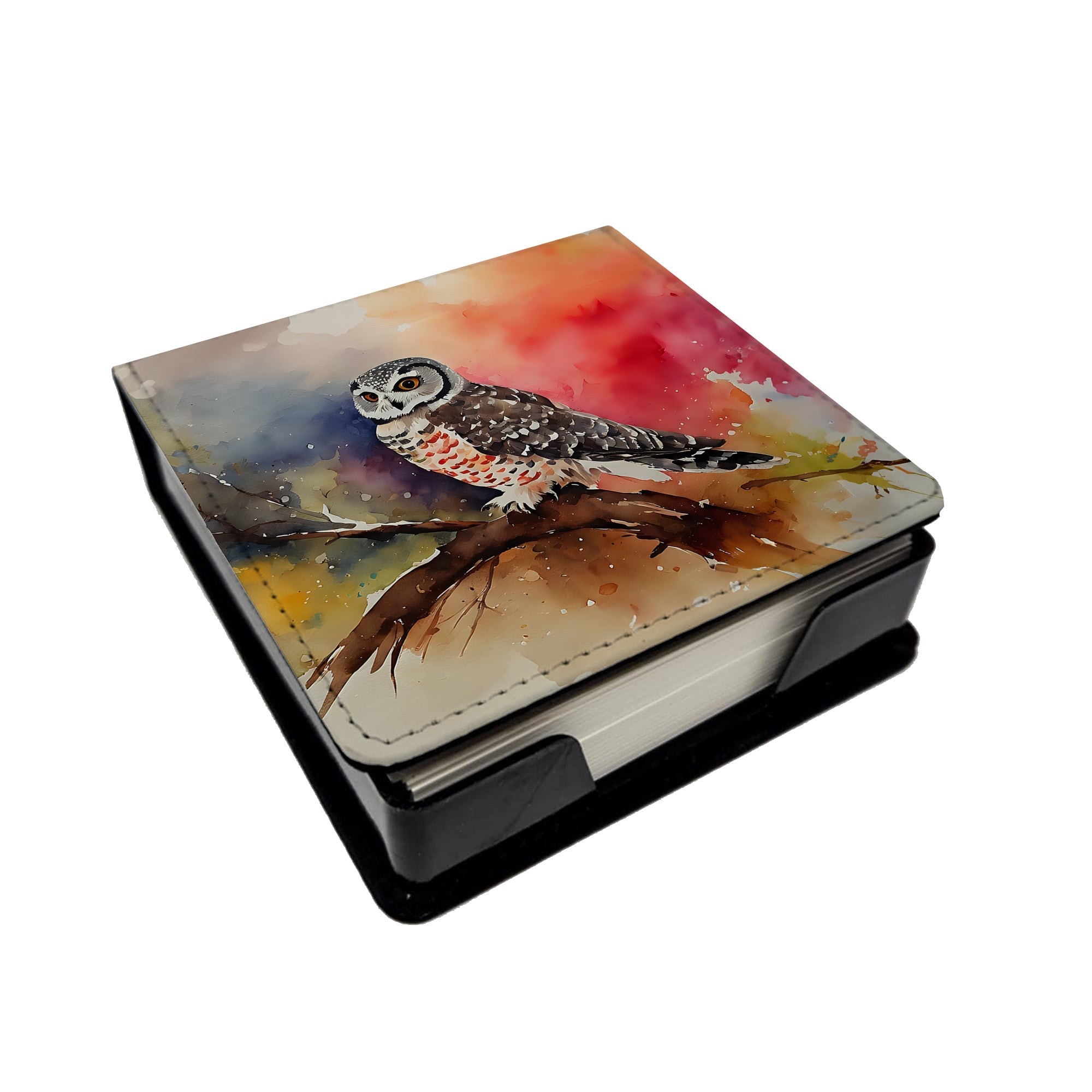 Northern Hawk Owl Perched Branch PU Leather Note Paper Holder with Artist-Designed Cover, Desk Accessory, Office Gift