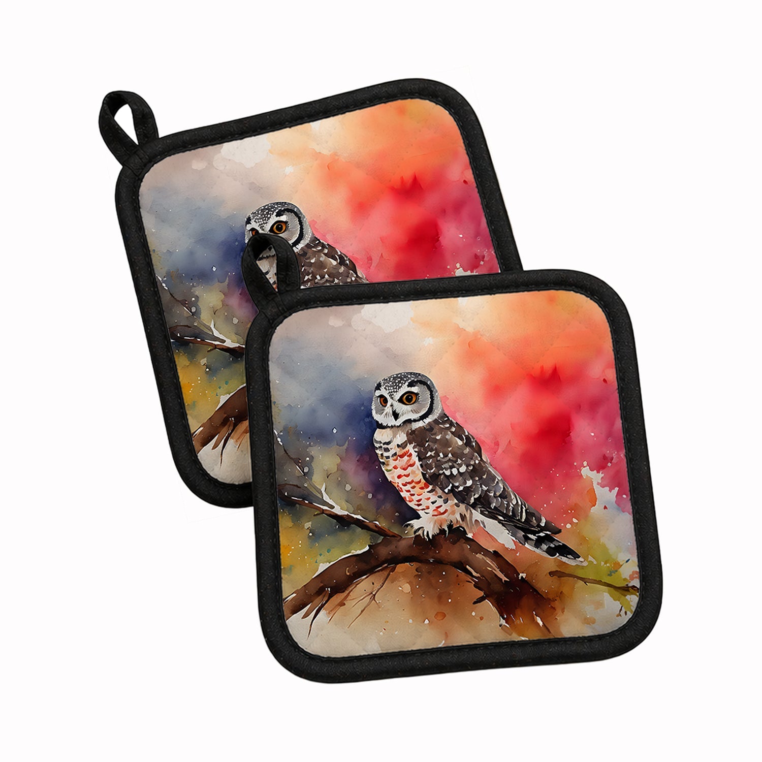 Northern Hawk Owl Perched Branch Pot Holder Set of 2 Heat Resistant Quilted Hot Pads 7.5 x 7.5 Inch, Insulated Kitchen Trivets for Cooking & Baking